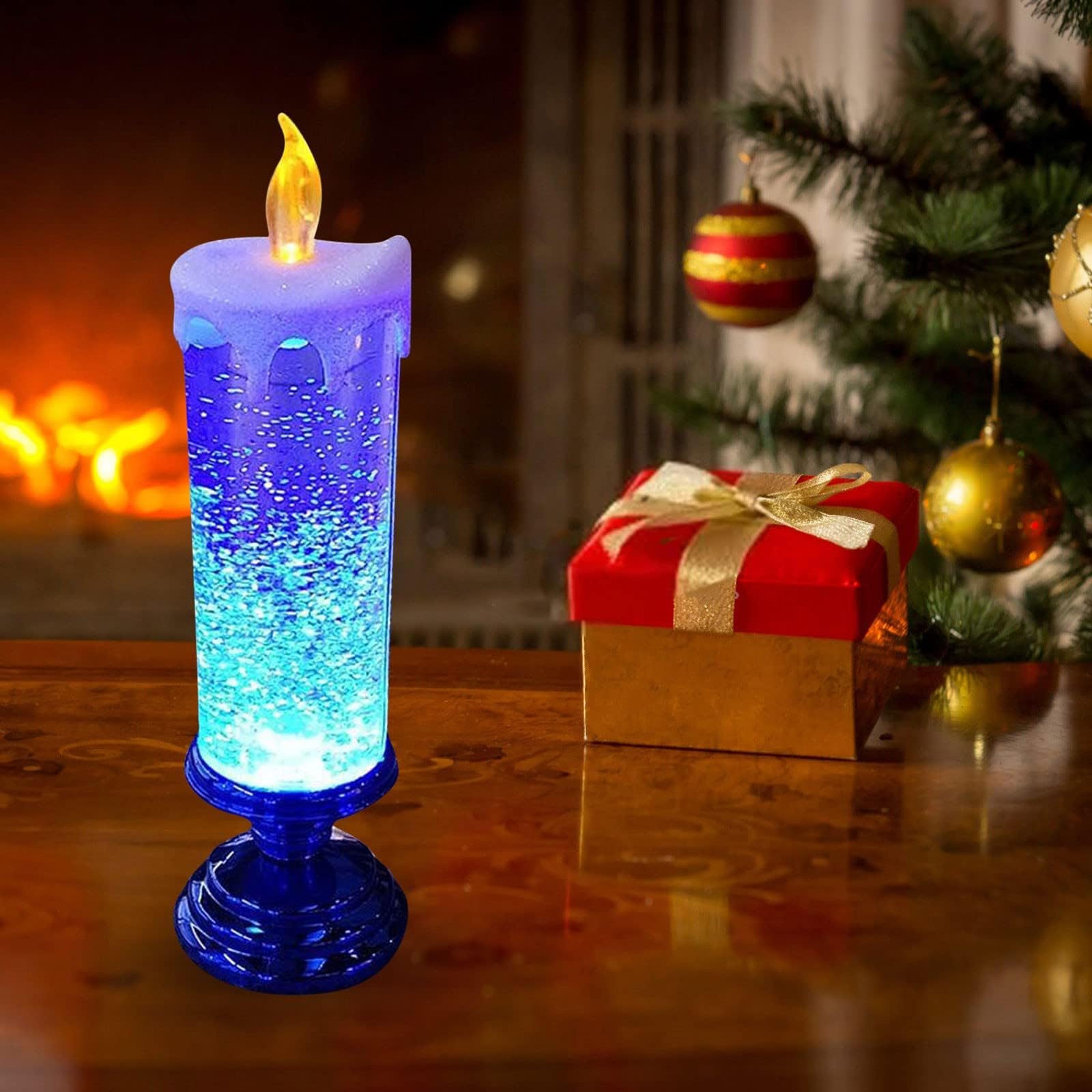 LED Christmas Candles,New USB Rechargeable Christmas Candles with Pedestal,7 Color Automatic Changing and Waterproof Swirling Glitter Flameless Candles,for Christmas Party Home Decoration (Blue)