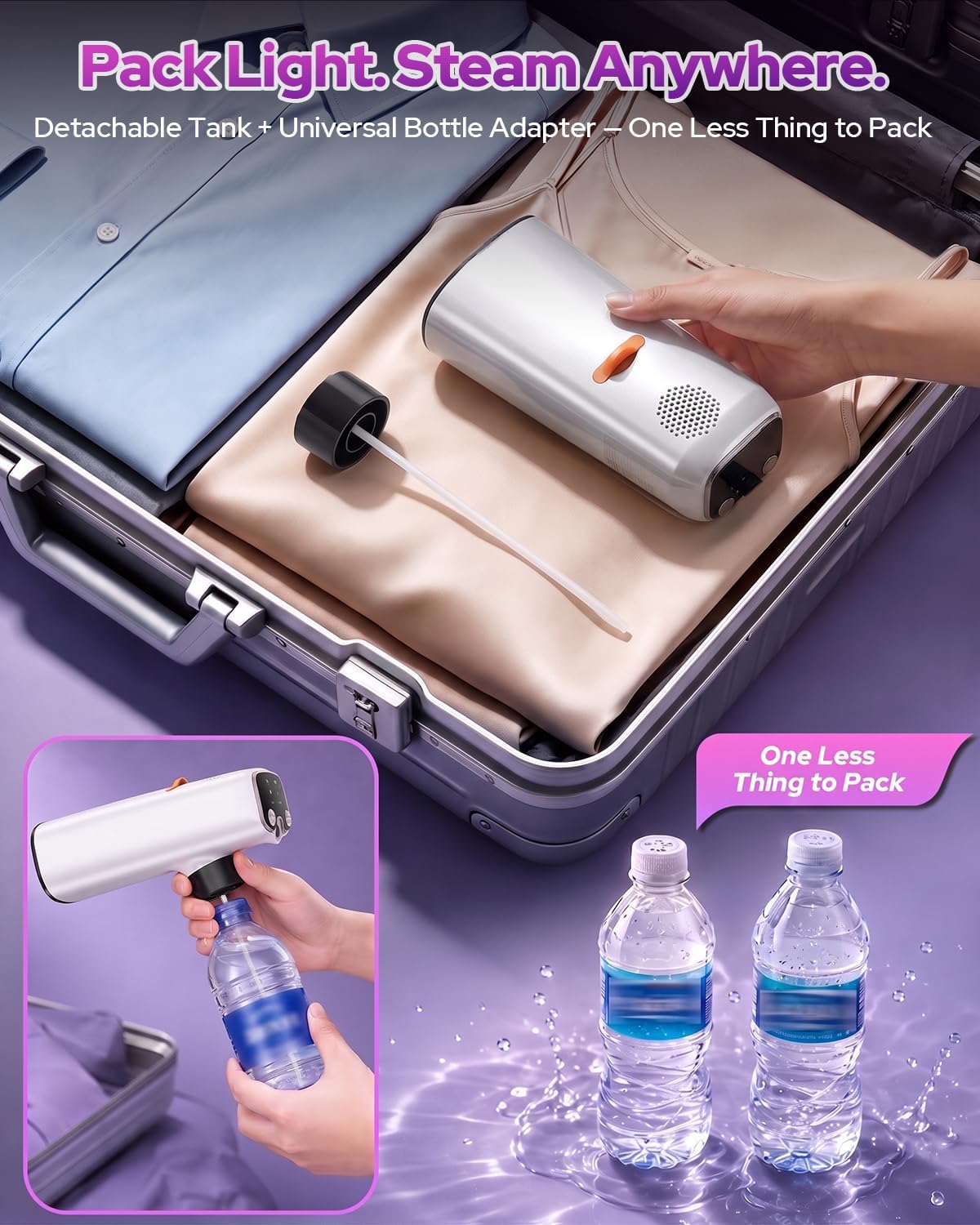 Handheld Garment Steamer for Clothes, 𝟲𝟬𝟬𝟬𝐏𝐚 3-Level Suction,𝟭𝟱𝐬 𝐅𝐚𝐬𝐭 Heat-Up, 20/27/32g/min Steam,𝟯𝟰𝟬𝐦𝐥 𝐓𝐚𝐧𝐤, Dry Ironing & Auto-Clean, Portable Steamer for Home, Travel, Dorm