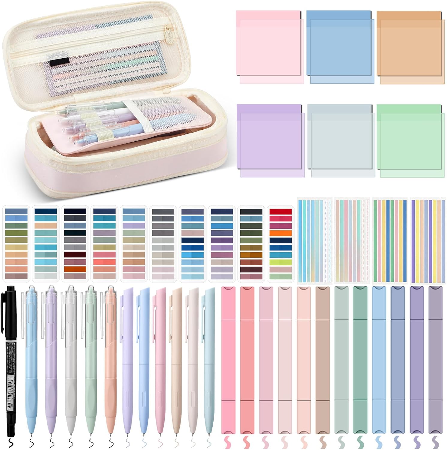 135 Pcs Book Annotation Kit Aesthetic Pencil Case Bag 12 Highlighter 11 Gel Pen 1 Marker 300 Sheet Transparent Sticky Notes Pad 2640 Index Stickers Bible Study Supplies(Classic,Pink)