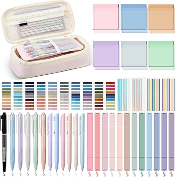 135 Pcs Book Annotation Kit with Pencil Case, 12 Pastel Highlighters, 11 Gel Pens, Fine Marker, 300 Transparent Sticky Notes, 2640 Index Tabs, Bible Study Supplies Kit(Classic,Pink)