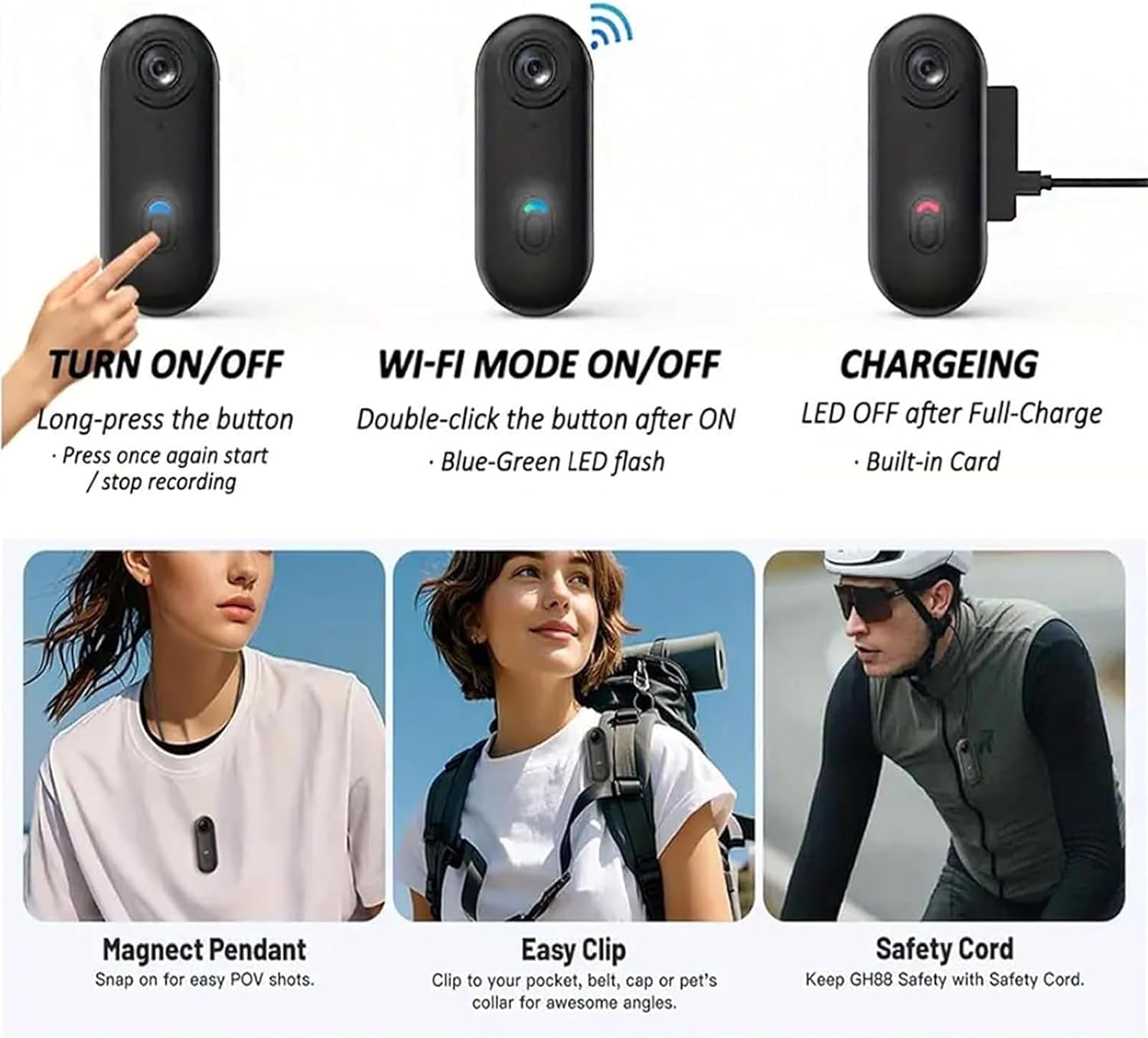 The Tap Cam - Mini 120° 4k Camera for Recording, 4k Action Camera for Motorcycle, Wearable Sports Cam with Audio Video, for Vlogging Cycling Diving (Black)
