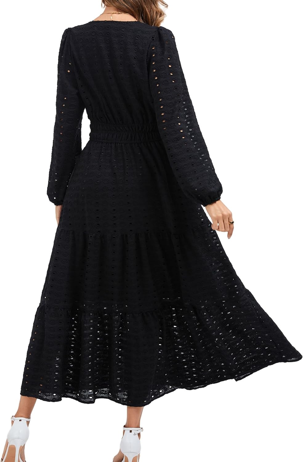 Kormei Womens Boho Fall Maxi Dress Long Sleeve V Neck Empire Waist Flowy A Line Tiered Wedding Guest Dresses with Pockets - Image 5