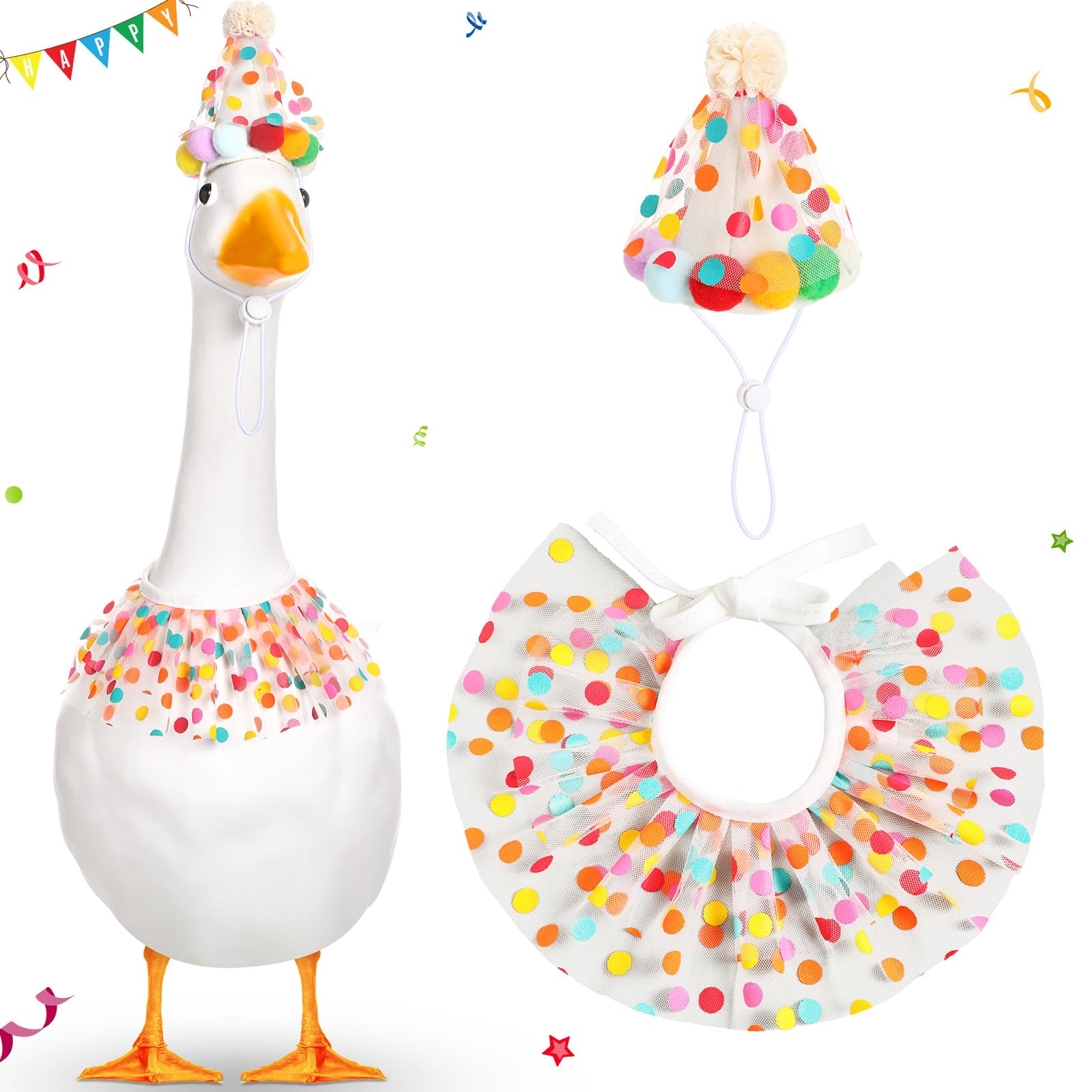 Jeere Birthday Porch Goose Outfit Lawn Clothes Hat and Tutu Collar Plastic Outfits for 23" 17" Cement Goose Outdoor Garden Lawn Art Decor(Colorful,