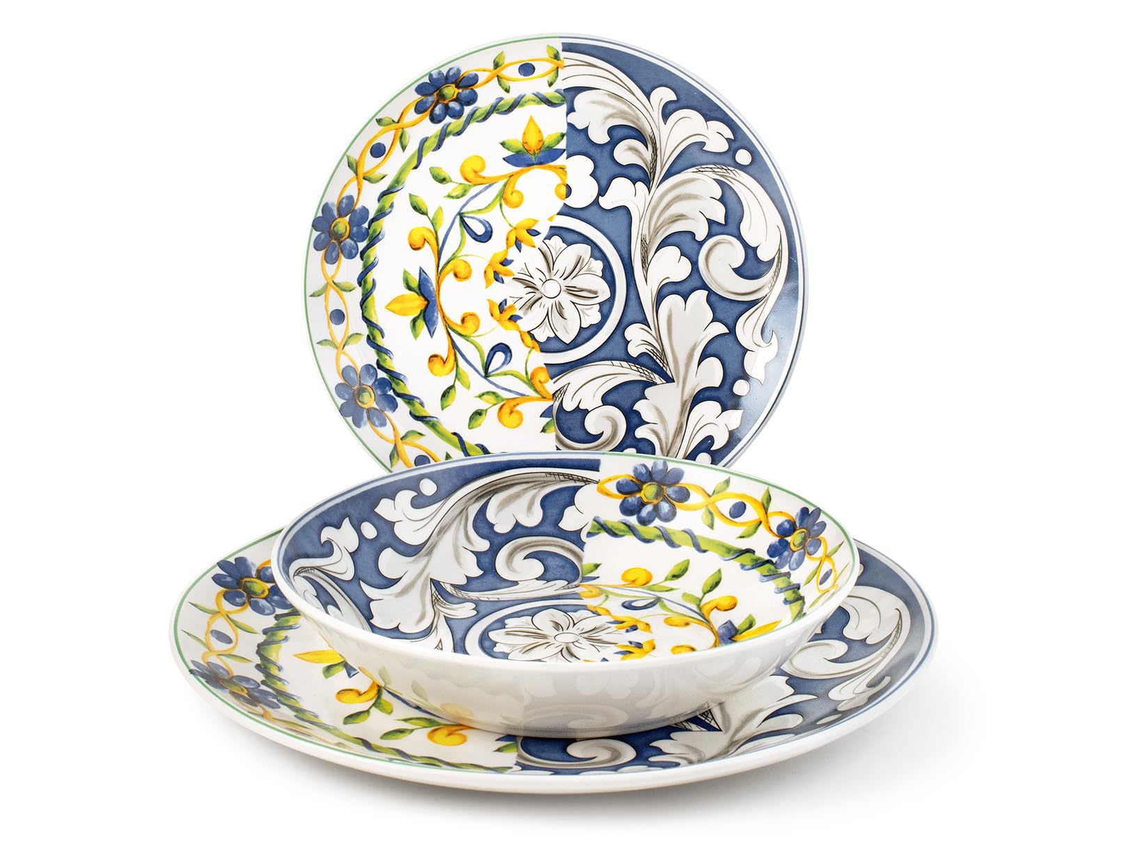 H&H Service de table 18 pièces en porcelaine – Ligne Faenza – Décoration méditerranéenne d'été – Assiettes élégantes pour 6 personnes – Lavables au lave-vaisselle et utilisables au micro-ondes