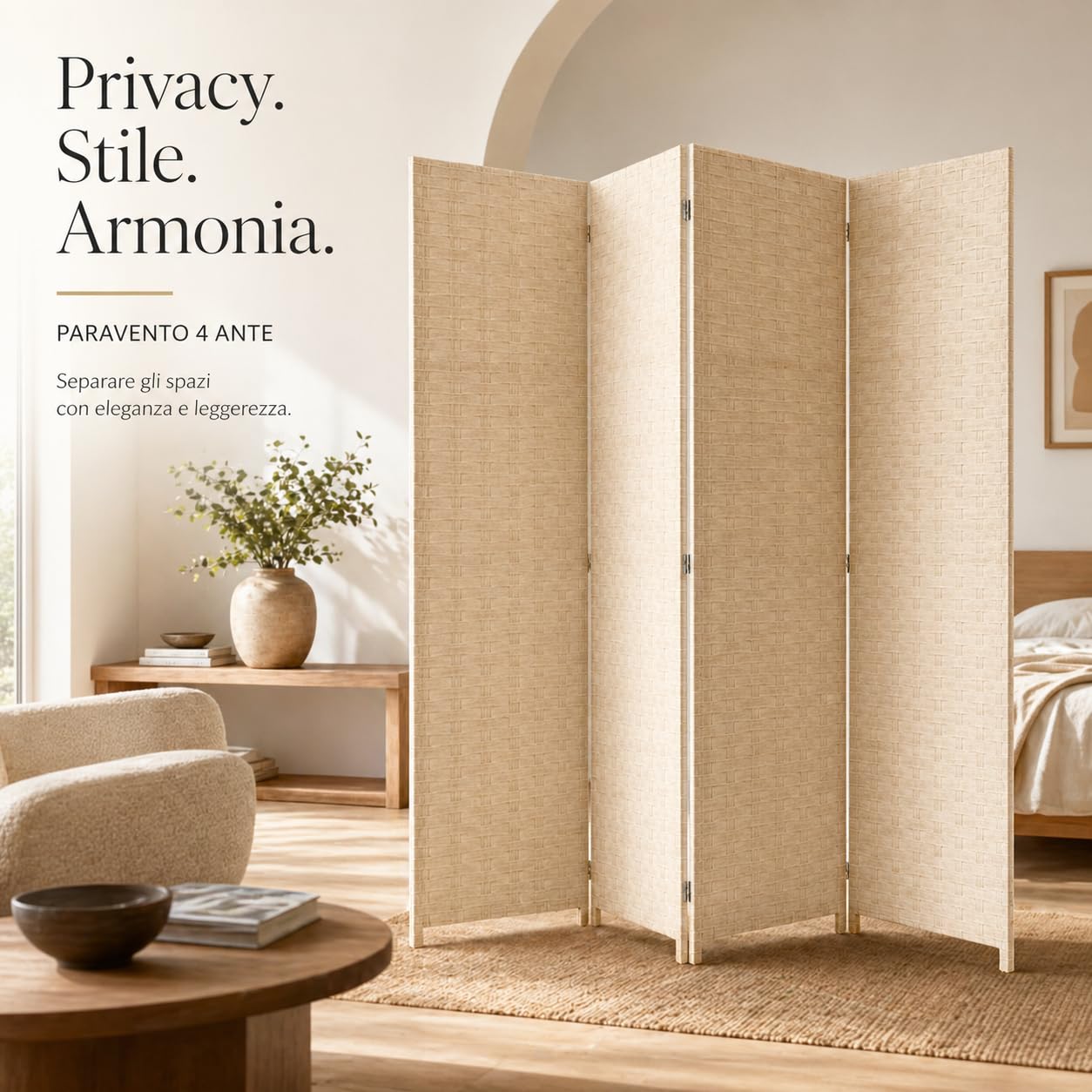 Separè da Interno 4 Pannelli 180X180h CM - Divisorio per Ambienti, in Plastica, Struttura in Legno, Motivo Intrecciato, Autoportante, per Soggiorno, Ufficio, Camera, Pieghevole - (Beige)