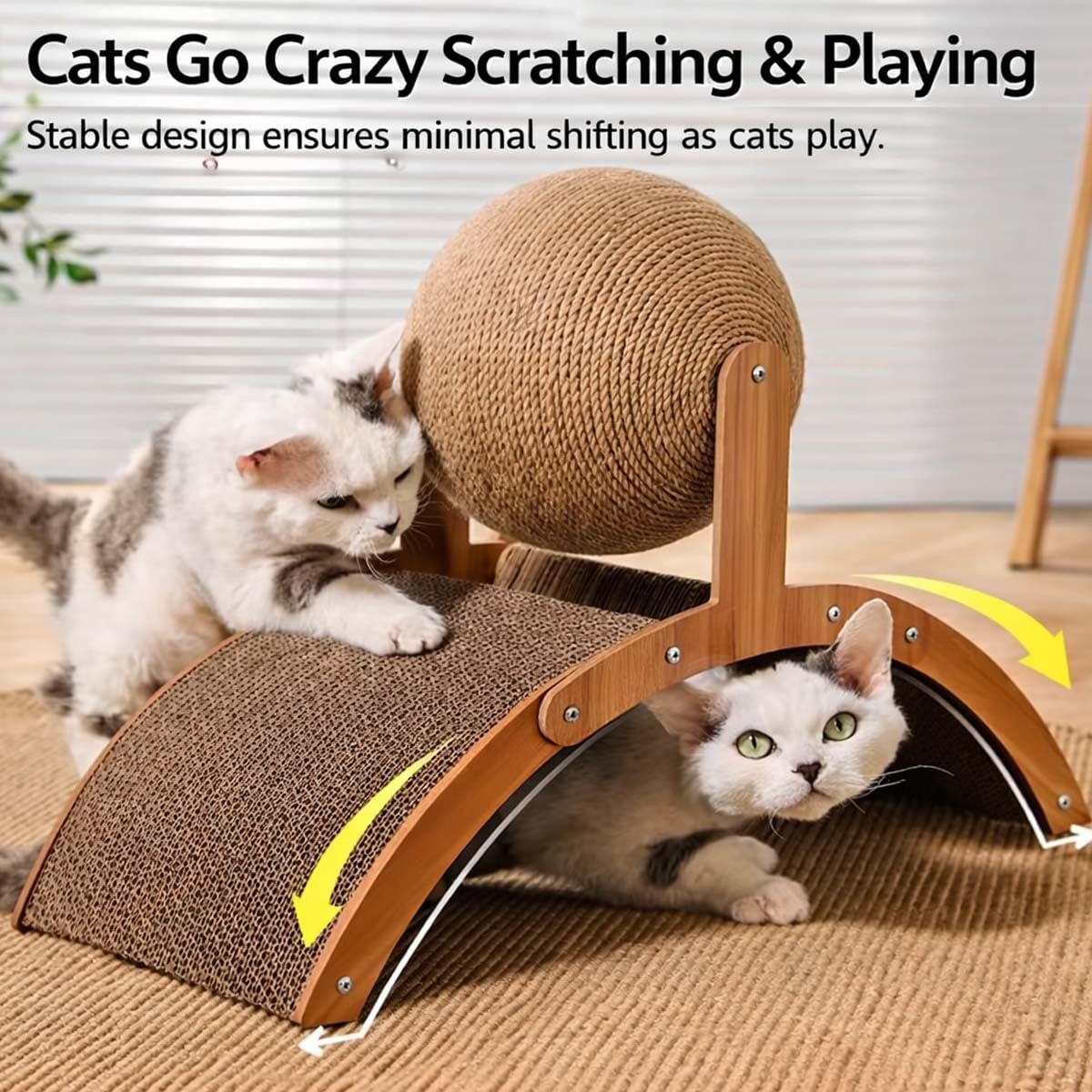 Cat Scratching Ball on Stand, Solid Wood Slanted Cat Scratching Board Design, 2-in-1 Interactive Cat Scratcher Toy with Arch Bridge and 360° Rotating Natural Sisal Ball for Indoor Cat Kittens (M)