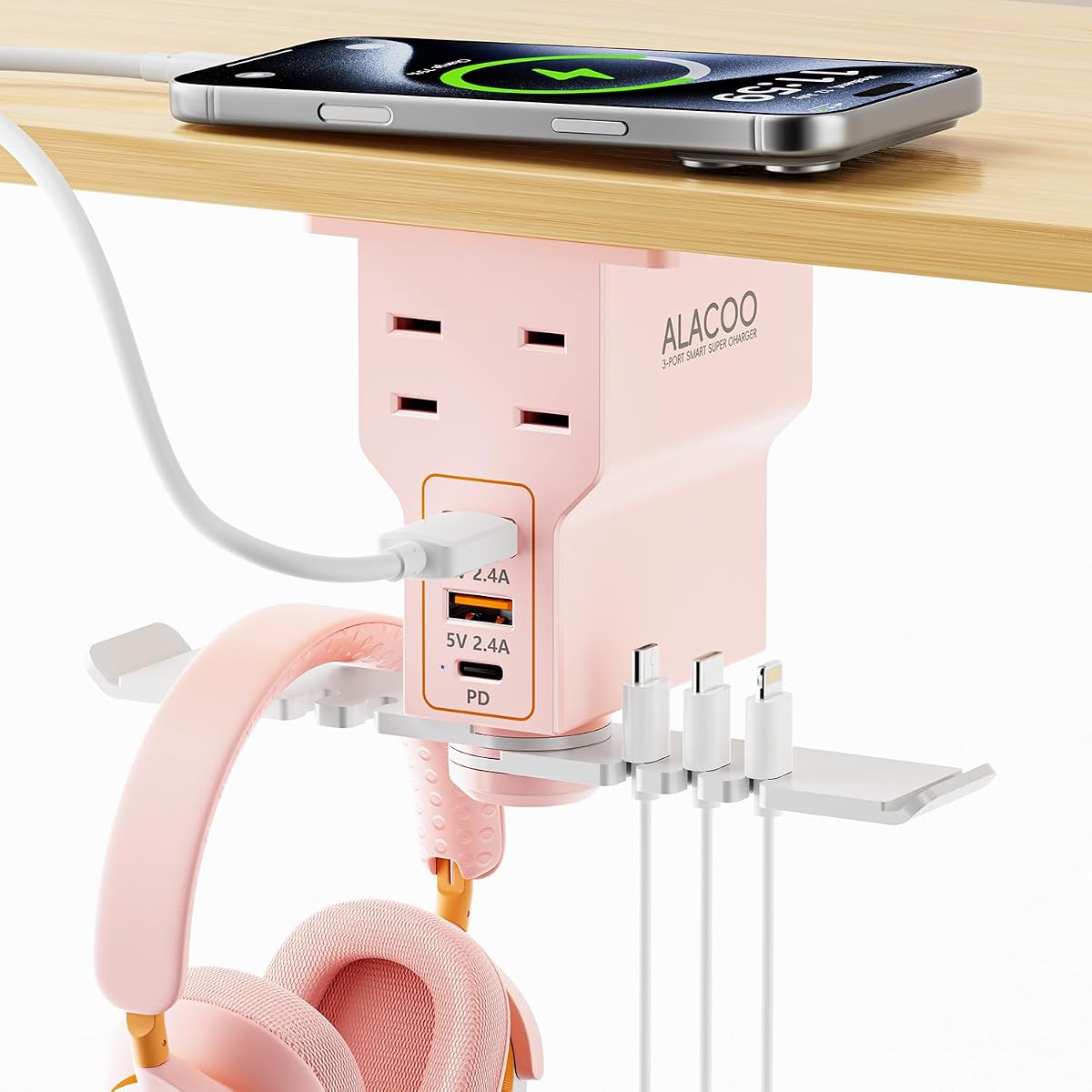 Multi-Function Desk Headphone Hanger Hook Gaming Office | 2 USB, 1 Type-C, 2 AC Outlets Desk Hook Holds Headsets & Purses, Practical Accessory for Gaming, Office, Home and Great Gift