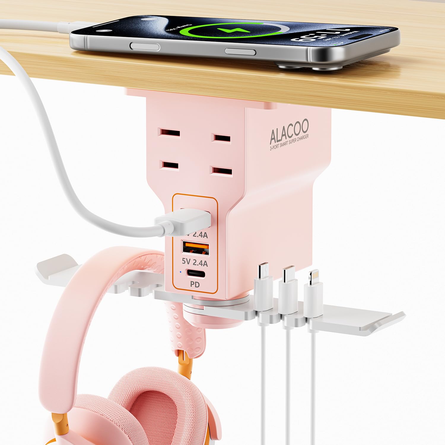 Gaming Headphone Stand with Charging Station - Aluminum Hooks Headphone Holder, Under Desk Headset Stand, 3 USB & AC Outlet, Surge Protector & Cable Organizer, Gift for Girl/Men