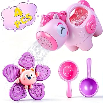 Pink Unicorn Bath Toy Set for Kids 13, 4PCS Bathtub Toys, Spinning Suction Cup Flower Fidget Toy, Water Scoop & Shower Sprinkler, BPAFree Bath Shower Beach Sand Play Gift for Boys Girls