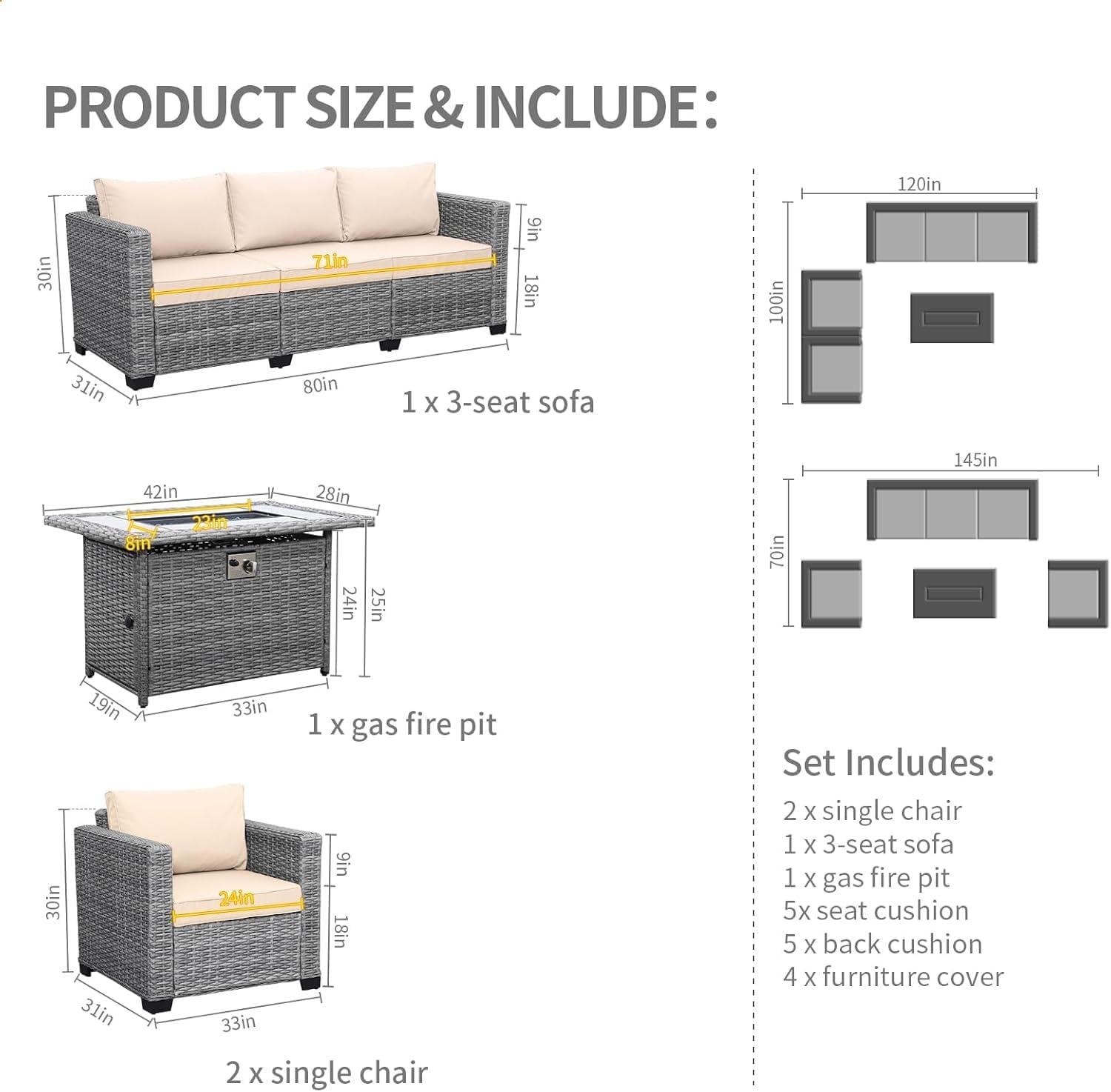 4-Pieces Patio Furniture Set Patio Furniture Outdoor Sectional Sofas with 55000 Gas Fire Pit Patio Conversation Set-Khaki