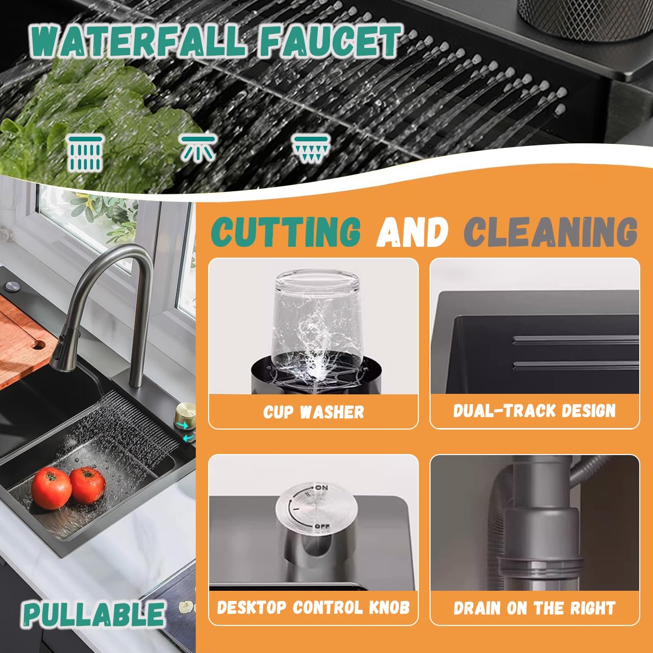 Lavello da Cucina a Vasca Singola in Acciaio Inox con Rubinetto a Cascata, lavabicchieri e postazione di Lavoro in Stile Rustico, Perfetto per Bar o Uso Domestico, Finitura Grigio-
