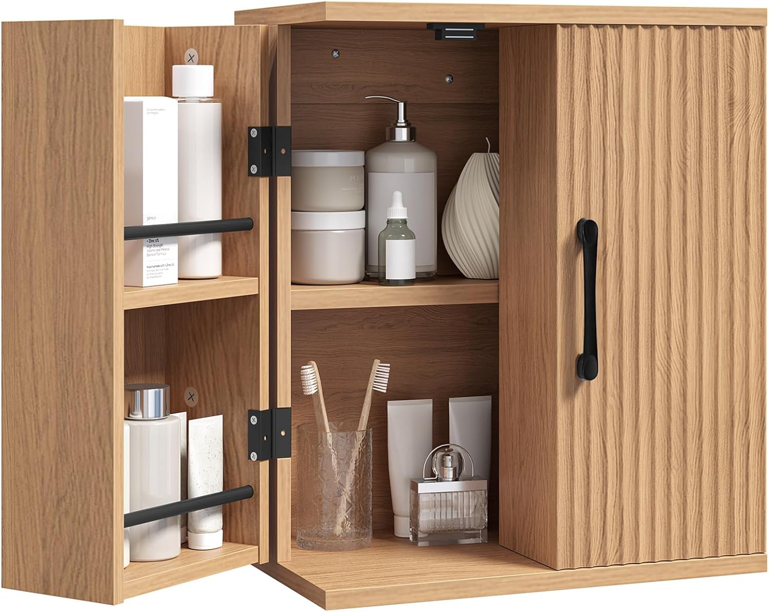 Yatiney Fluted Bathroom Wall Cabinet - Medicine Cabinet Over Toilet Storage with 2 Doors, Shelves & Racks, Natural Finish