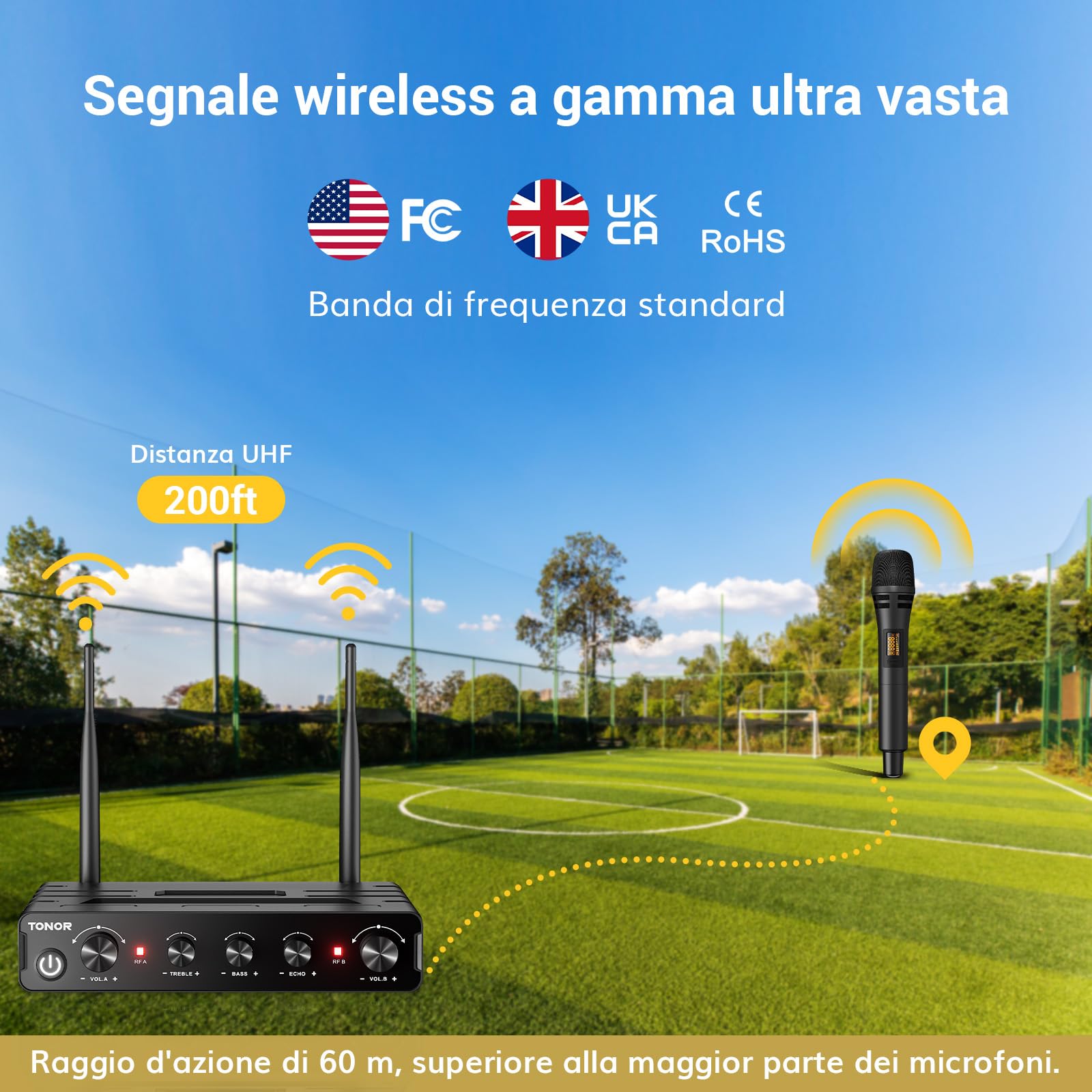 TONOR Microfono Wireless Dinamico TW350, Sistema Microfoni UHF per Karaoke, 60M, Nero