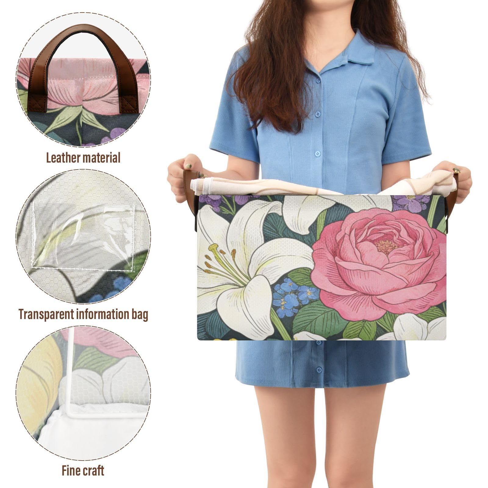 Cestas de almacenamiento rectangulares de lirio de rosas rosas, plegables, con asas, cubos de almacenamiento para juguetes, libros y ropa, sala de estar
