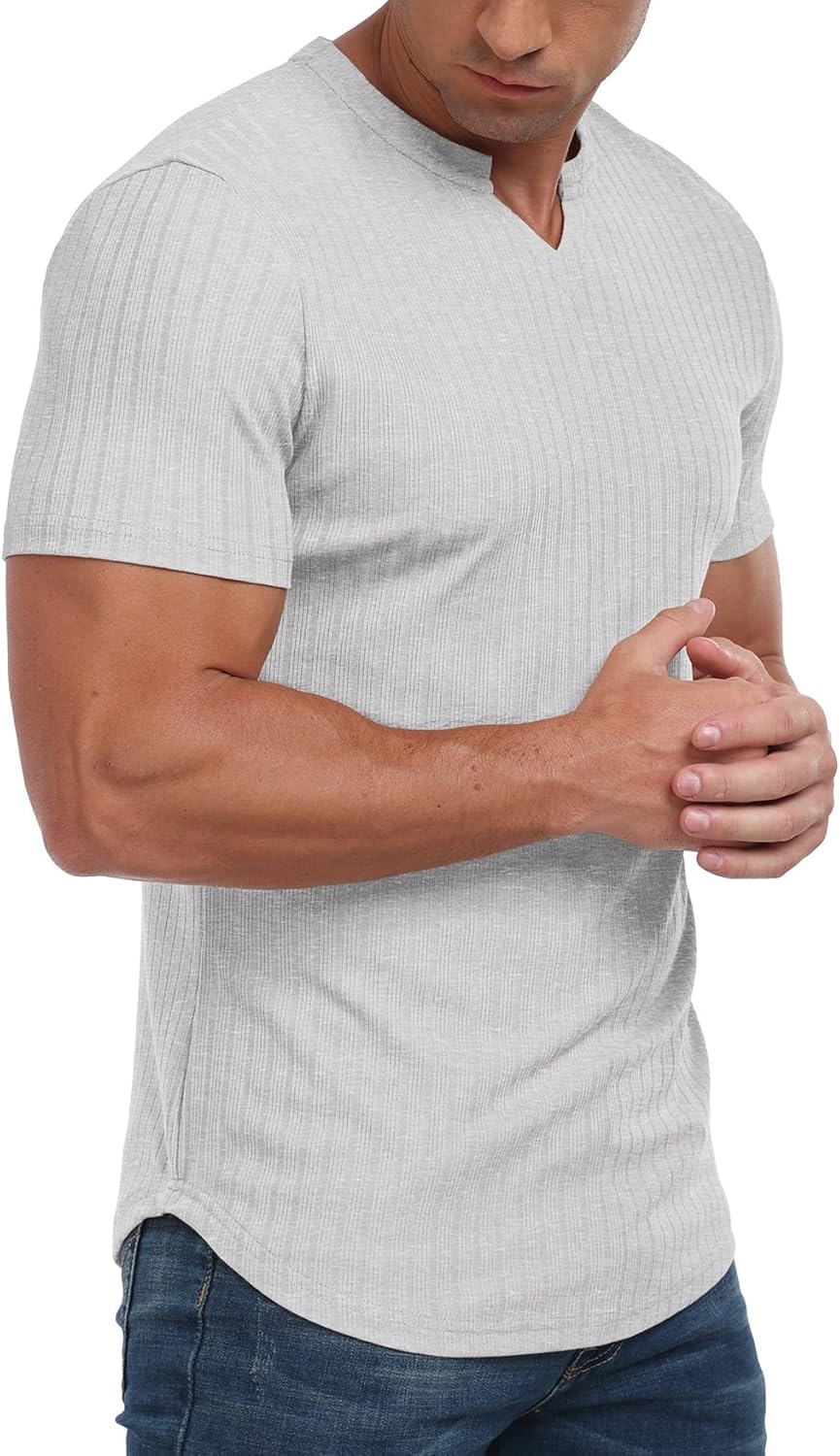 Askdeer Mens Short Sleeve Muscle T Shirt Slim Fit V-Neck Casual Shirt Gym Workout Athletic Tee - Image 3