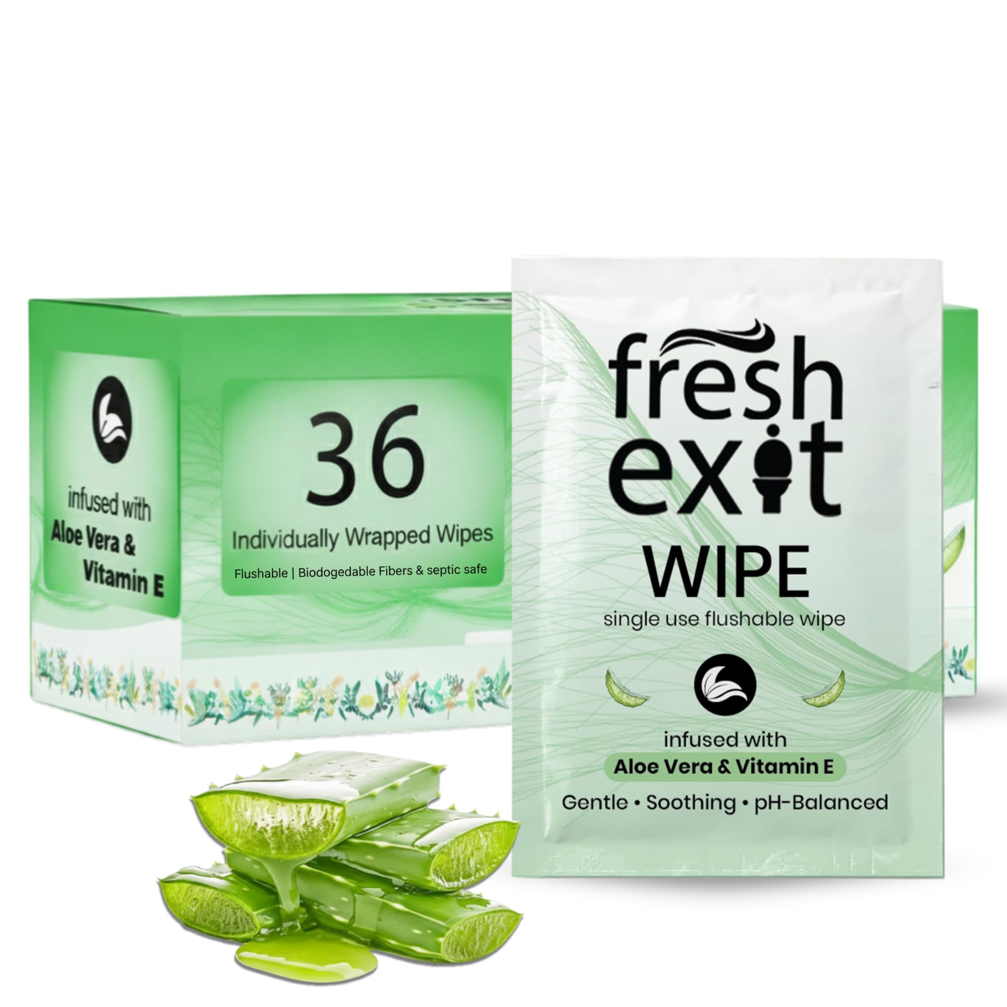 FreshExit Flushable Wipes for Adults – 36 Individually Wrapped Biodegradable Wet Wipes, Travel Size, Extra-Large Unscented, hypoallergenic – Feminine Hygiene & Personal Care Wipes