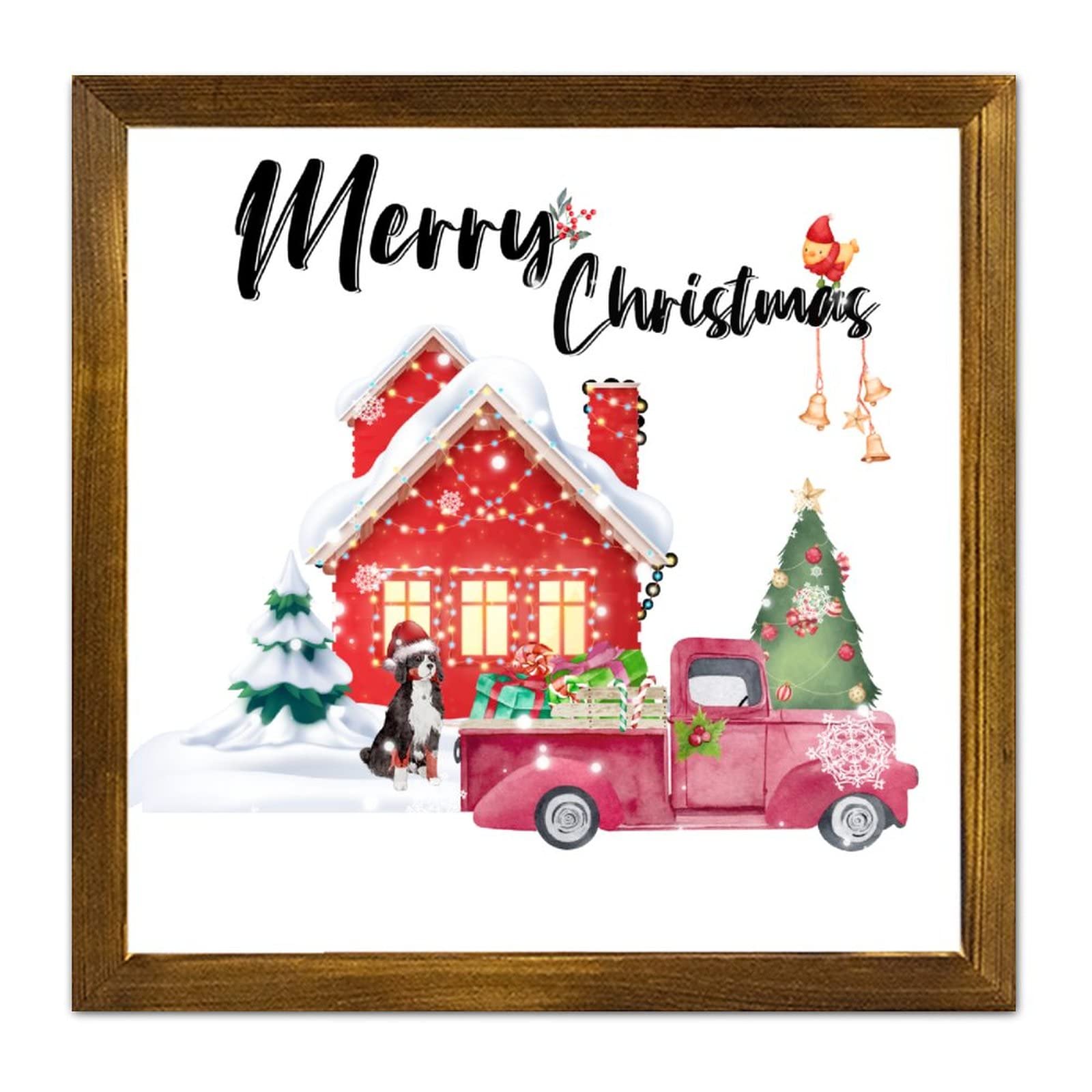 Panneau mural en bois Noël avec camion rouge et chien tableau décoratif 30cm