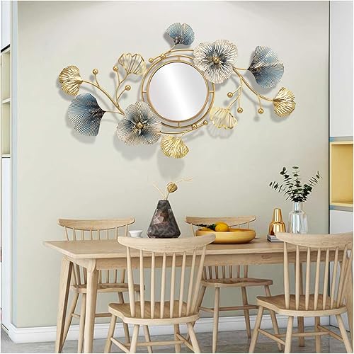 Hoernflk Espejos de pared decorativos de metal para sala de estar, grandes espejos de pared de metal con hojas de ginkgo, espejo de decoración de