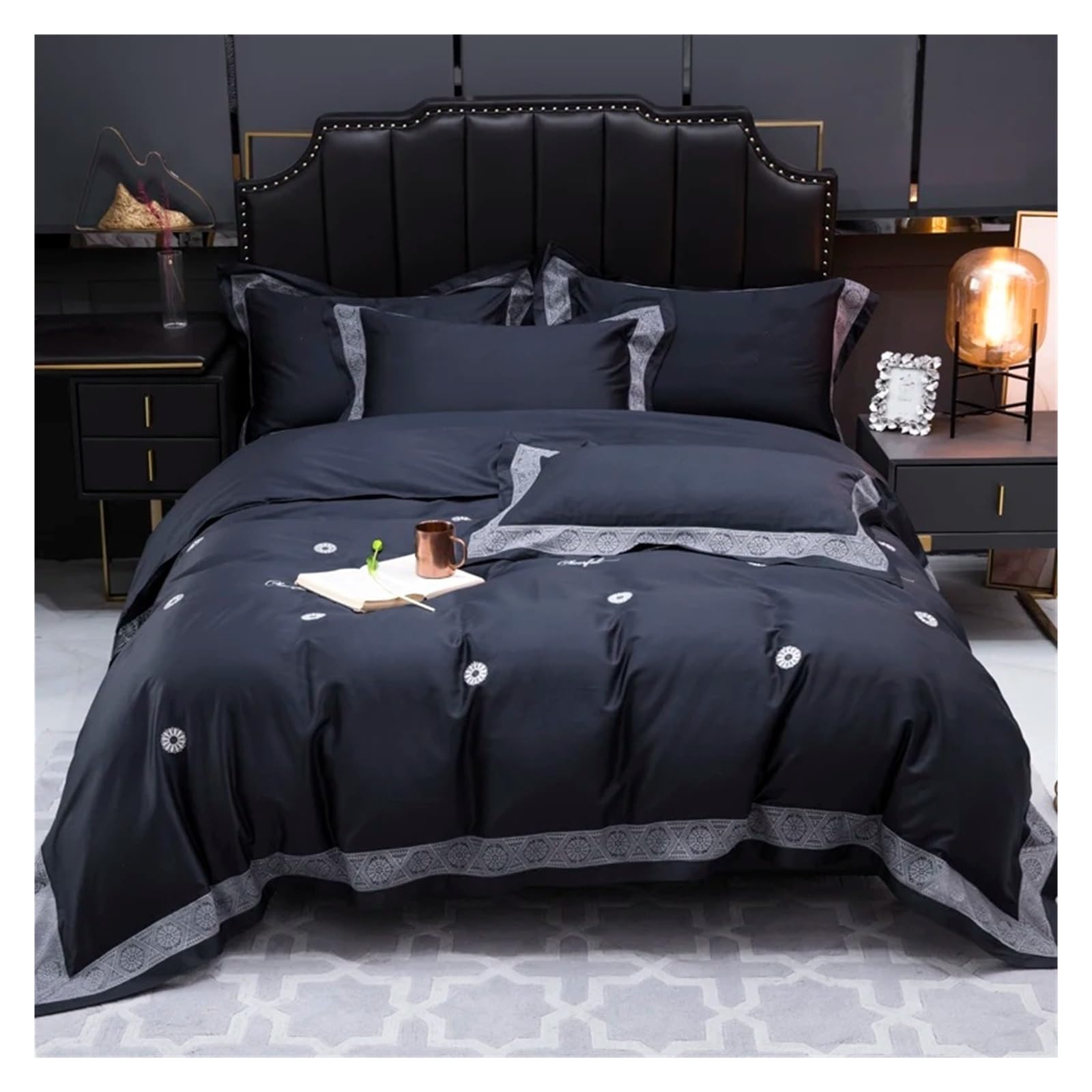 ZXGRfdefa Bedding Set, 1000TC Egyptian Cotton Bedlinen Black Gold Embroidery Duvet Cover Pillowcase Flat/Fitted Sheet Queen King Size 4pcs(Onecolor,King)