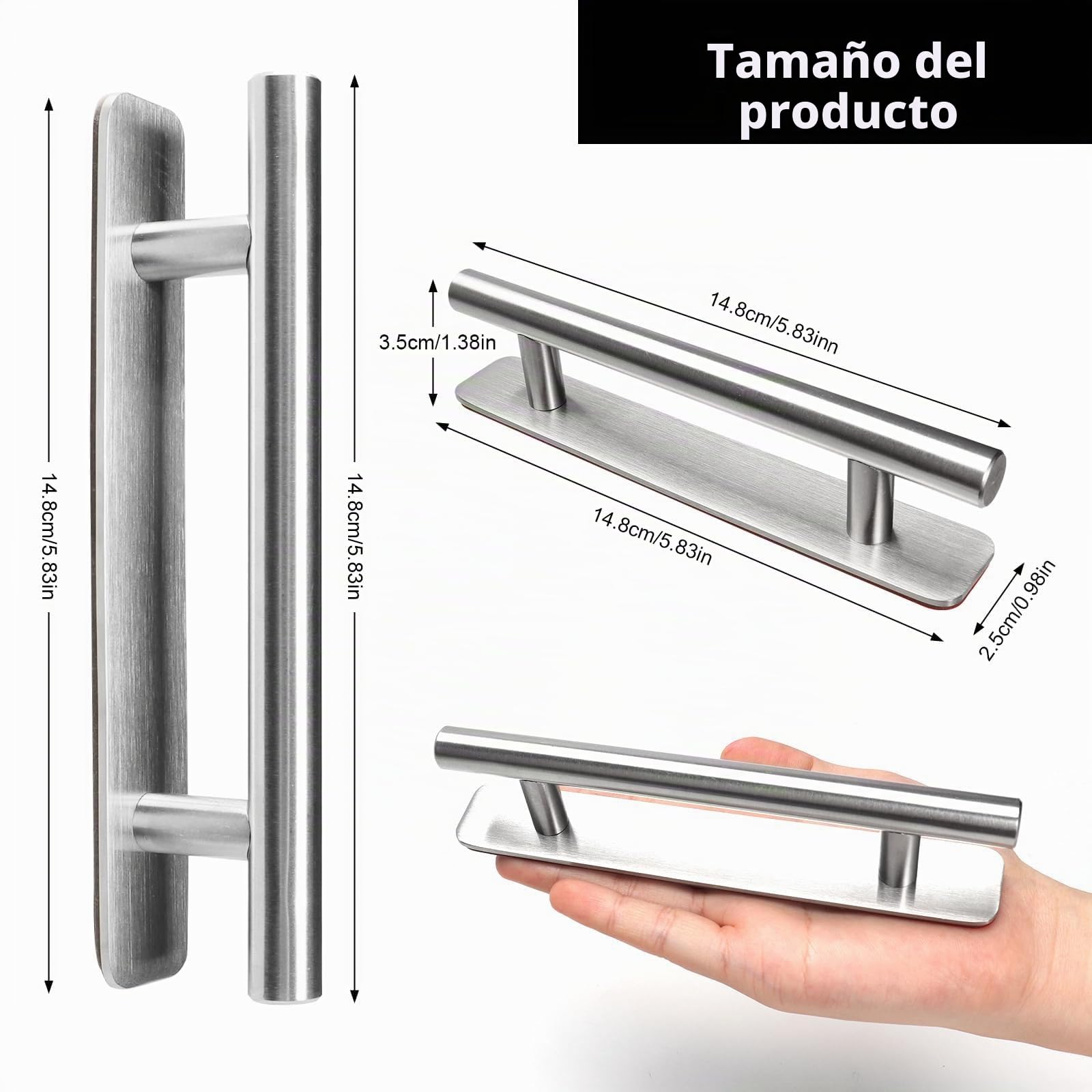 Tiradores Armarios 2 Piezas, Tiradores Cajones de Acero Inoxidable, Tiradore Cocina 148mm, Manija Autoadhesiva para Muebles Puerta y Ventana Baños, Plateados