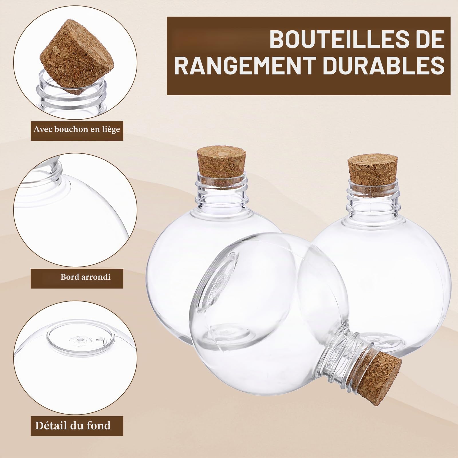 SUMTree Lot de 26 bouteilles de potion en plastique en forme de boule de 200 ml avec bouchon en liège, bouteilles de sable transparent avec 5 mini entonnoirs pour boissons de fête, potion magique,
