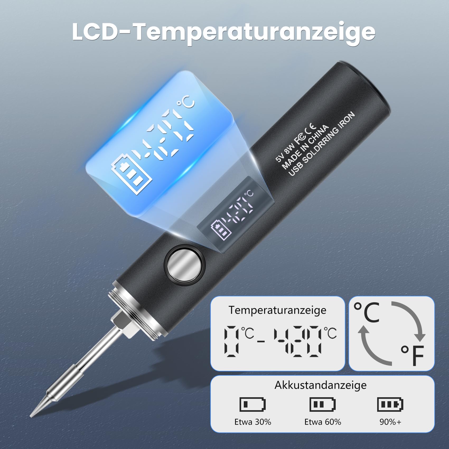 KKMOL USB Lötkolben Set Mit Akku - LCD Display, 5 Temperaturstufen 260-450°C, Inklusive Beleuchtung