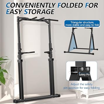 Foldable Pull Up Bar Pull Up Station,Power Tower with Triangular Structure, Multi-Functional Dip Station for Home Gym 300LB