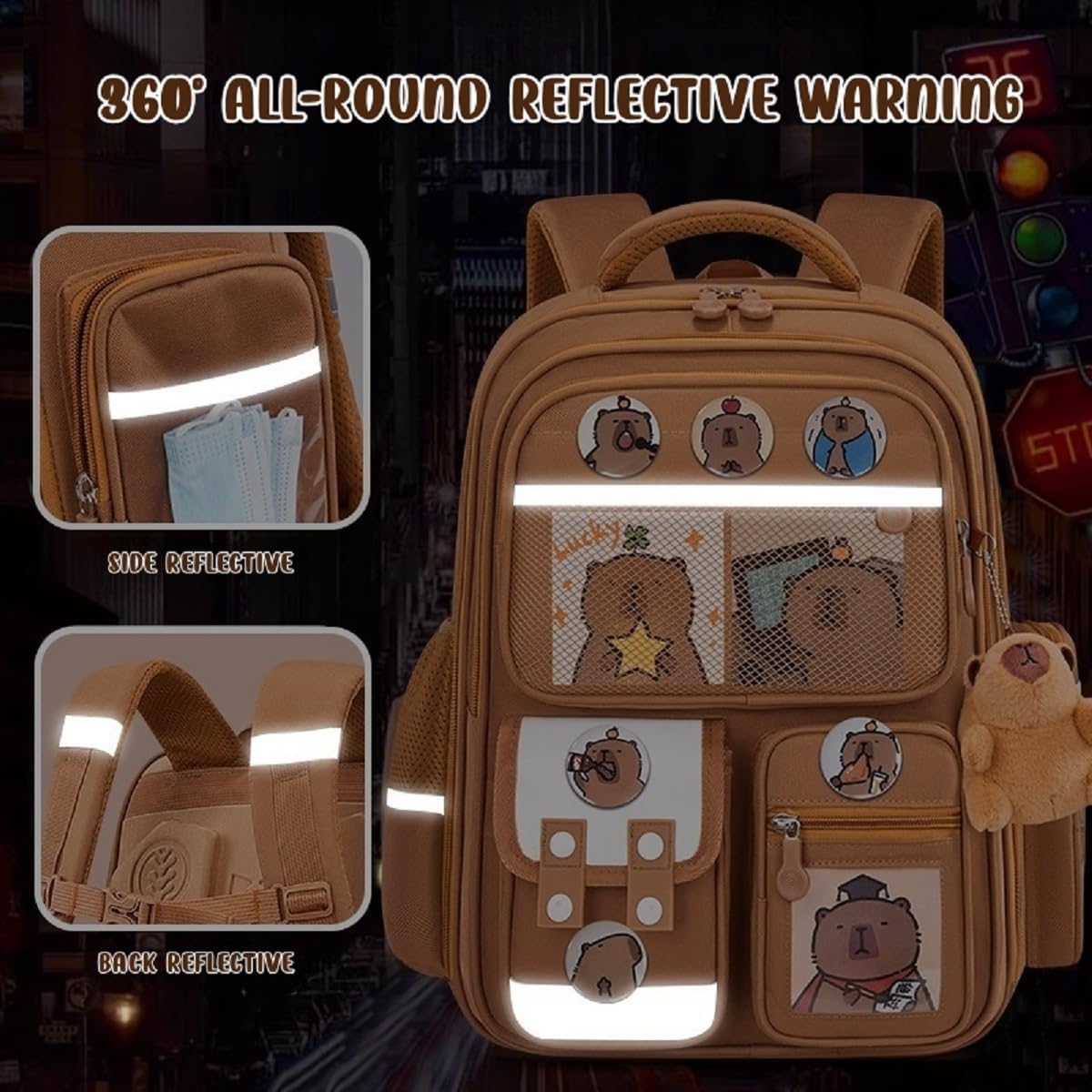 Capybara Backpack Cute Kawaii Backpack 3Pcs Set with Lunch Bag and Pencil Case, Keychain, Funny Going Out Cartoon Bag (Khaki)