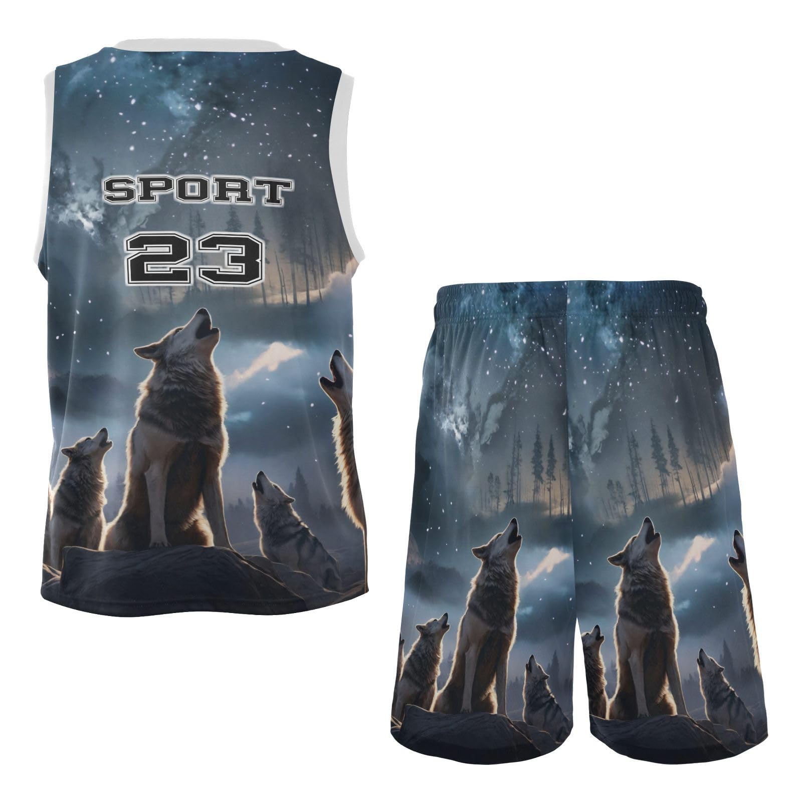 FLildon Moonlight Wolf Howling Boys Basketball Jersey Set Tank Top Shorts Tracksuit Sport Training Suit for Kids, L