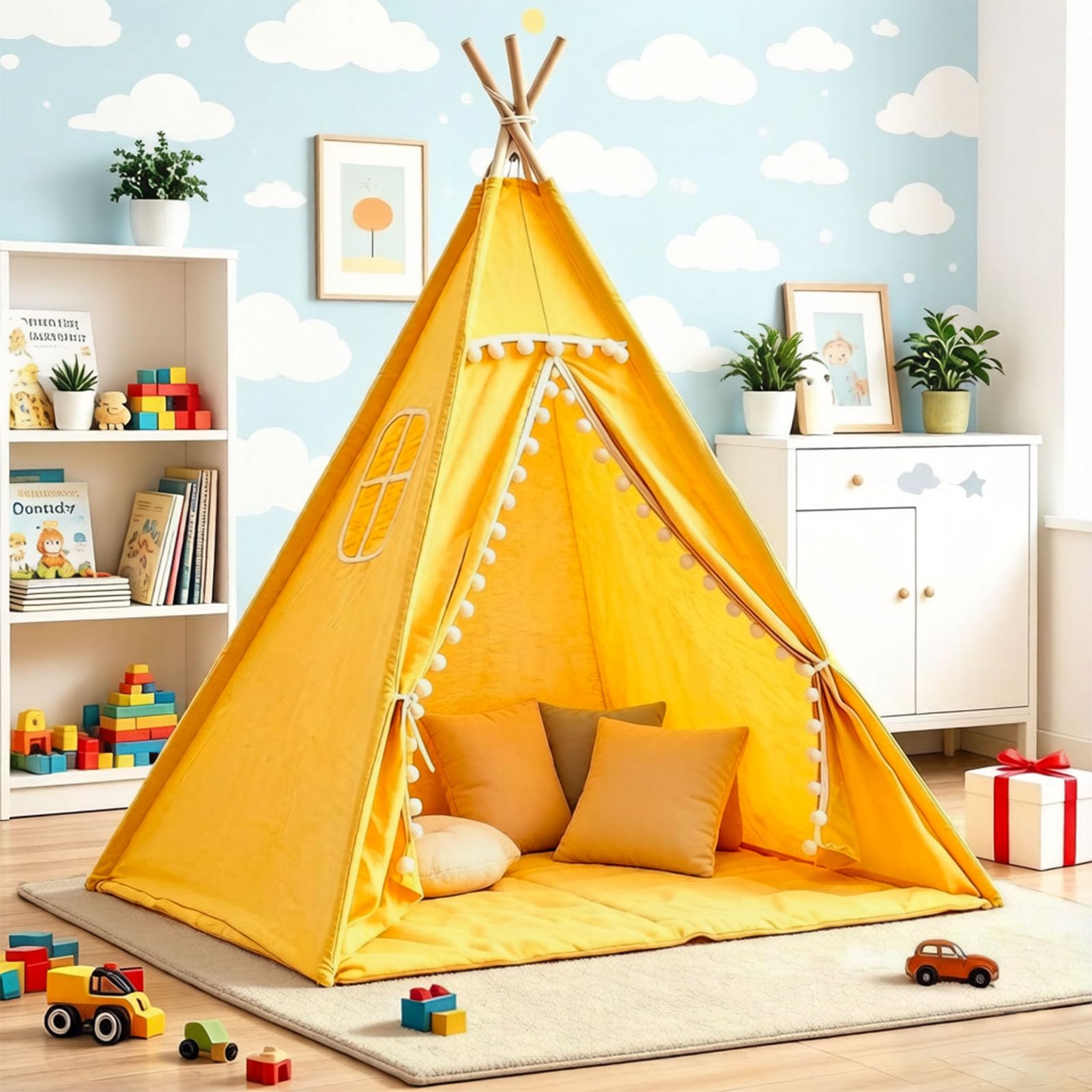 Teepee Tent for Kids, Foldable Play Tent for Indoor Outdoor with Padded Mat Decorative Pom-Poms and Window, Portable Tipi Playhouse for Garden Beach Picnic, Easy to Store (Yellow, 1.1m)
