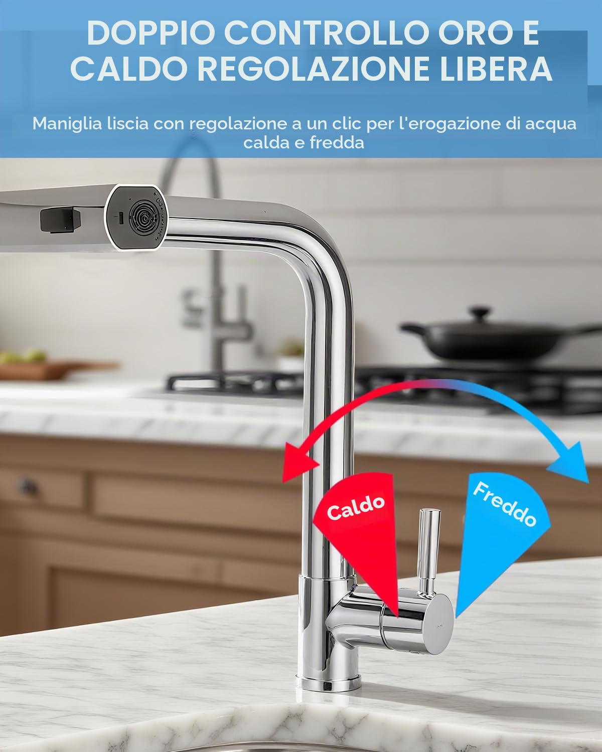 Rubinetto Lavello Cucina, Miscelatore Cucina con Doccetta Estraibile, Acciaio Inox Ad Alta Pressione Orientabile a 360° Monocomando,3 Modalità