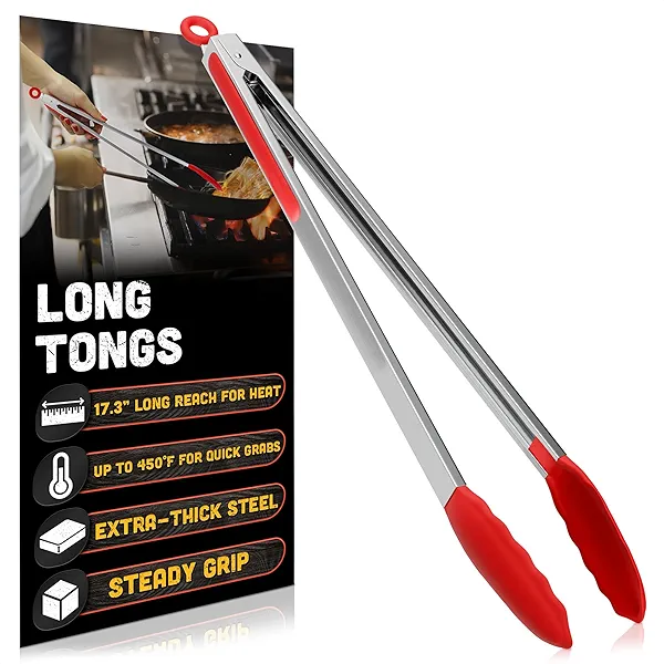 Kitchen Salad Tongs for Serving 17.3" - Heat-Resistant Extra Long Tongs with Silicone Tips for Convenient Flipping Food on BBQ - Stainless Steel Long Tongs for Grabbing & Cooking & Grilling