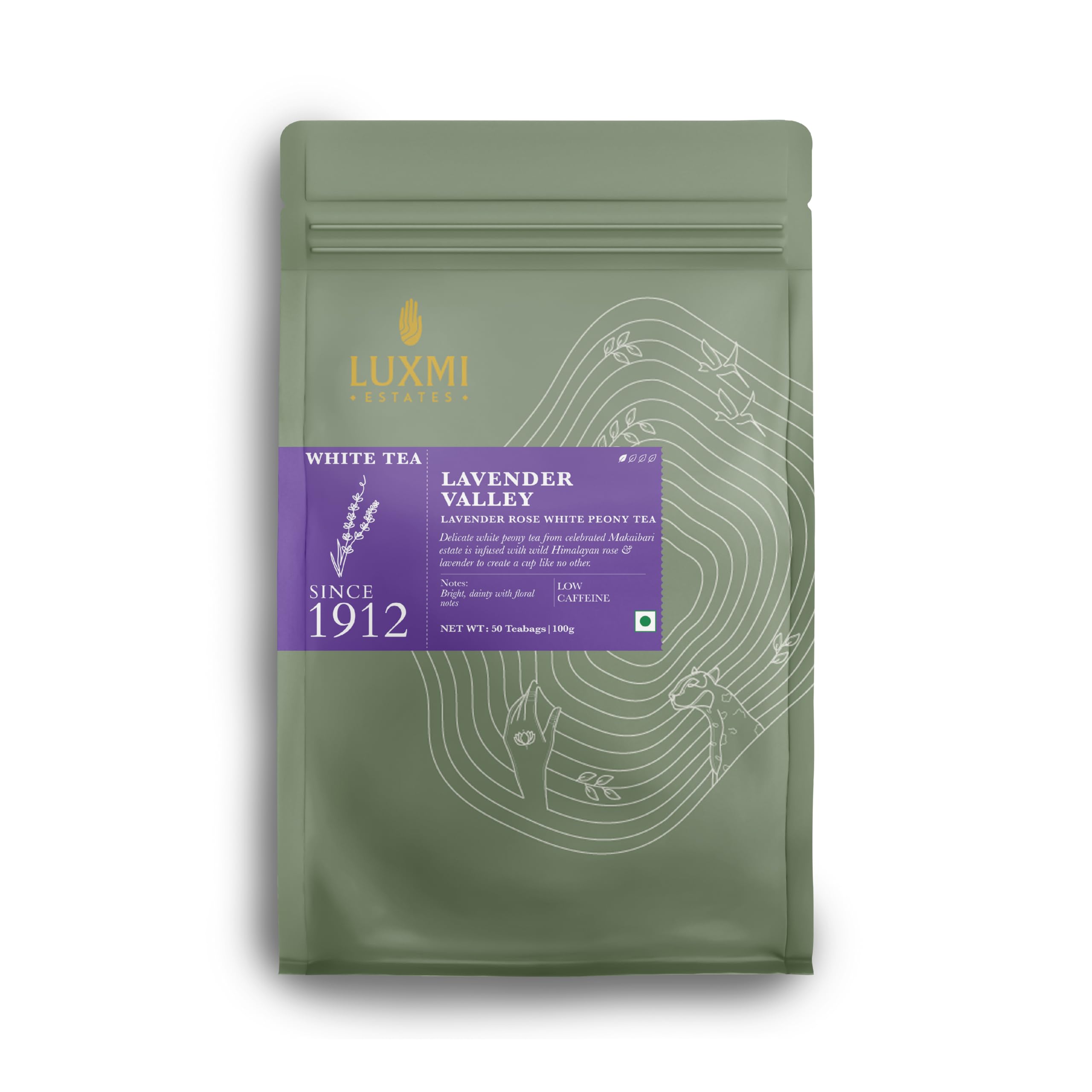 Luxmi Estates Lavender Valley Organic Lavender Tea (50 Tea Bags) — Low Caffeine Tea Bags For Sleep, Relaxing, Calming, and Stress Relief, With Certified Organic Darjeeling Makaibari White Tea (BEST BY: JAN 14 2026)