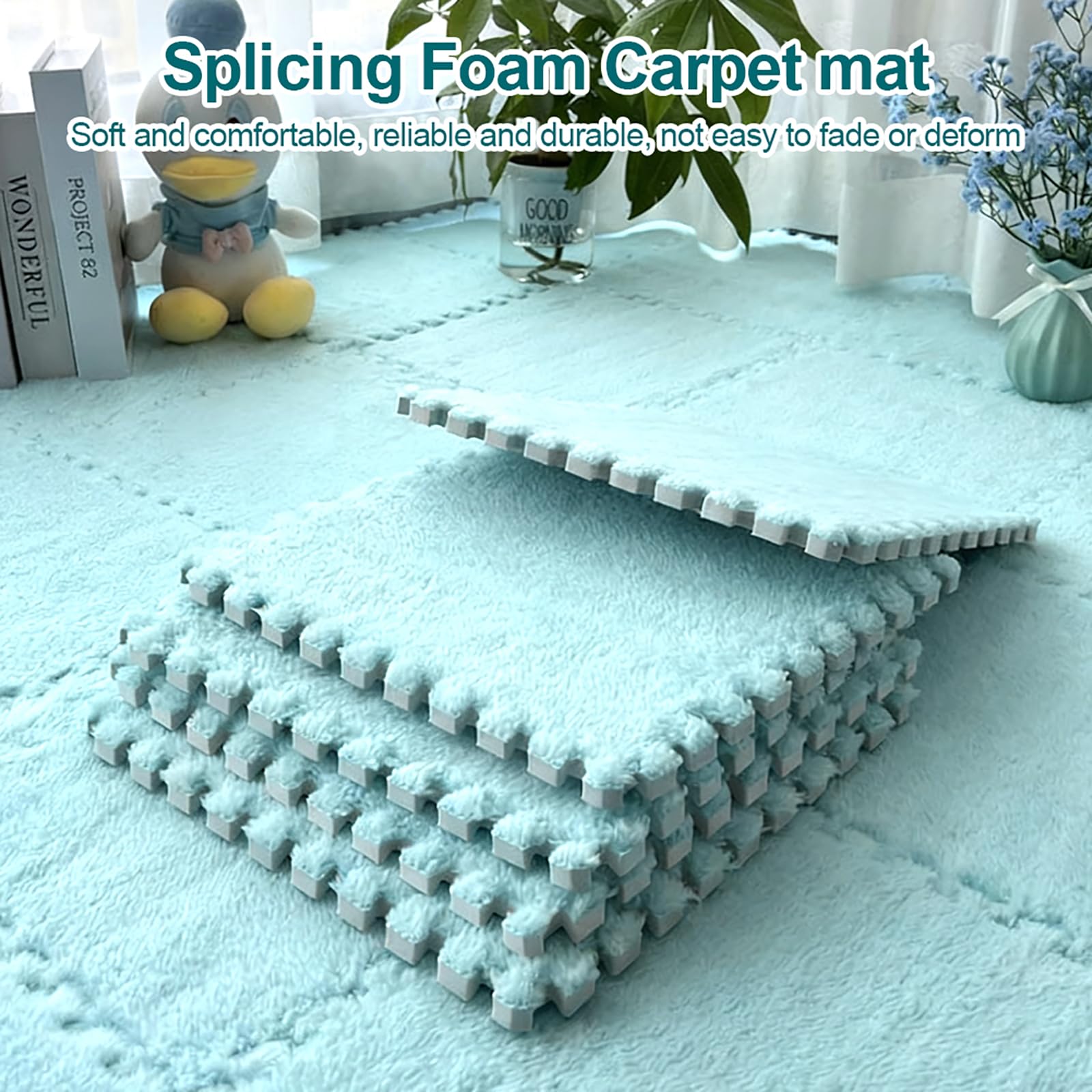 12 Piezas Alfombra Puzzle, Alfombra de Espuma Interconectable 30 cm x 30 cm x 1,25 cm, Mullidas Alfombras de Peluche Modular para Sala de Estar, Dormitorio, Jugar (Azul Cielo)