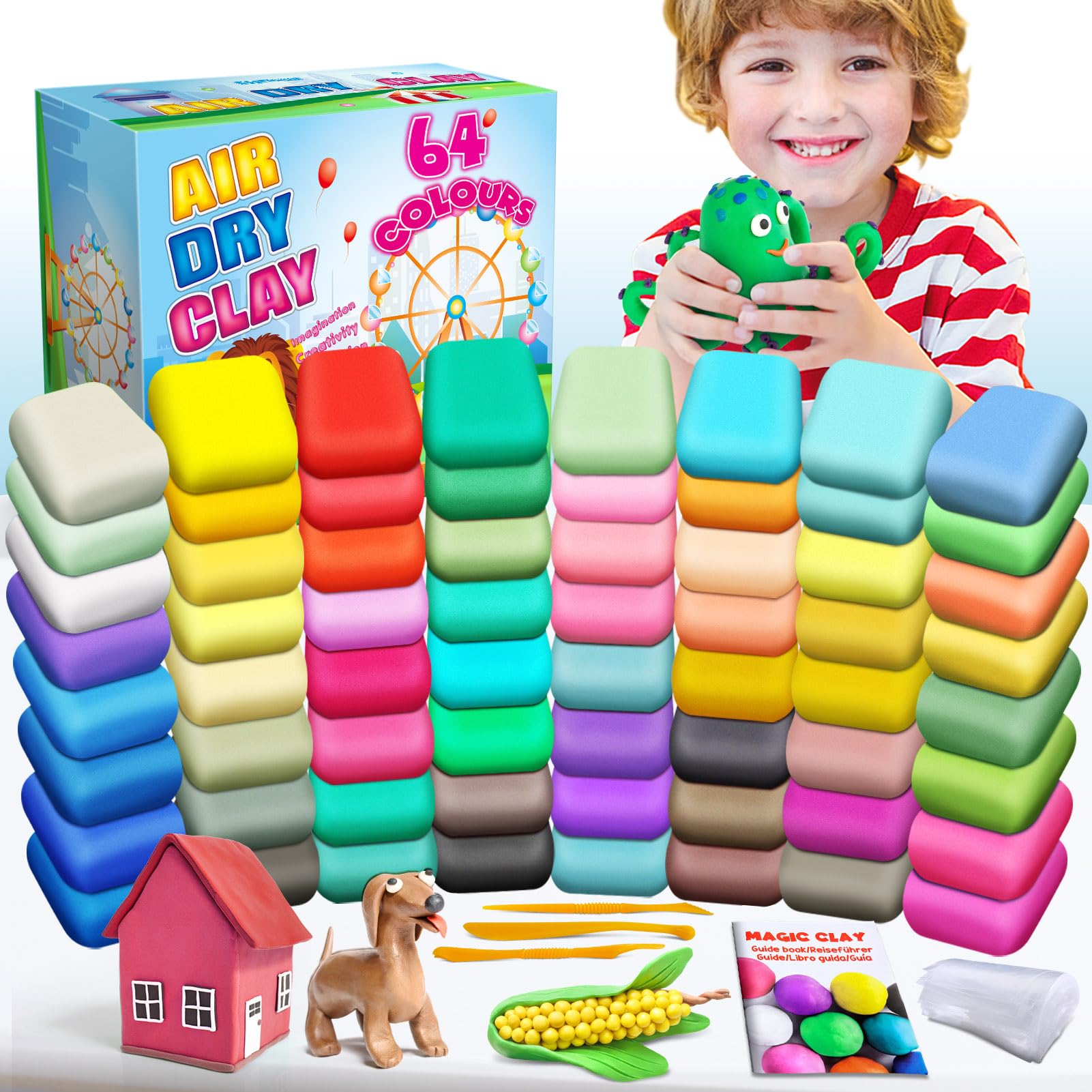 Air Dry Clay 64 Colors, Modelling Clay for Kids, DIY Molding Magic Clay for with Tools, Soft & Ultra Light, Toys Gifts for Age 3 4 5 6 7 8+ Years Old Boys Girls Kids
