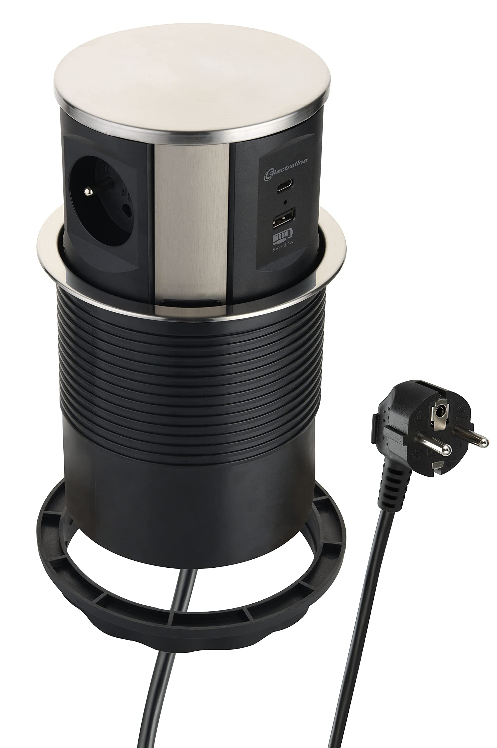Electraline 35446 - Regleta de enchufes retráctiles (3 16 A, estándar francés, 2 3,1 A, 1 USB Tipo C, 15,5 W, Enchufe empotrable para Cocina, diámetro 120 mm, 2 m, Negro, Vertical