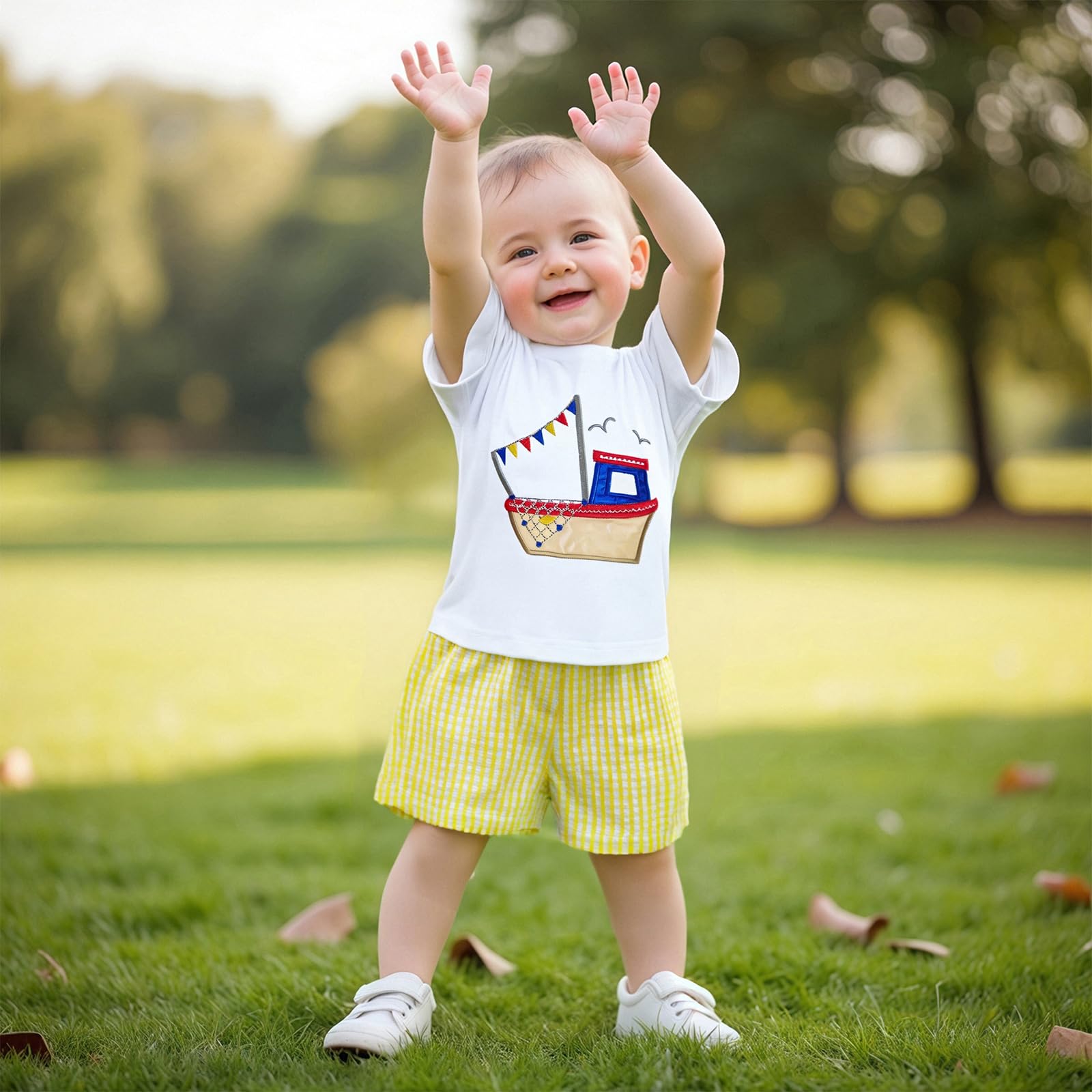 Toddler Baby Boy Sailboat Outfit Boating Sailing Embroidery Cotton T-Shirt Plaid Shorts Set Little Boy Summer Clothes (C Yellow, 0-6 Months)