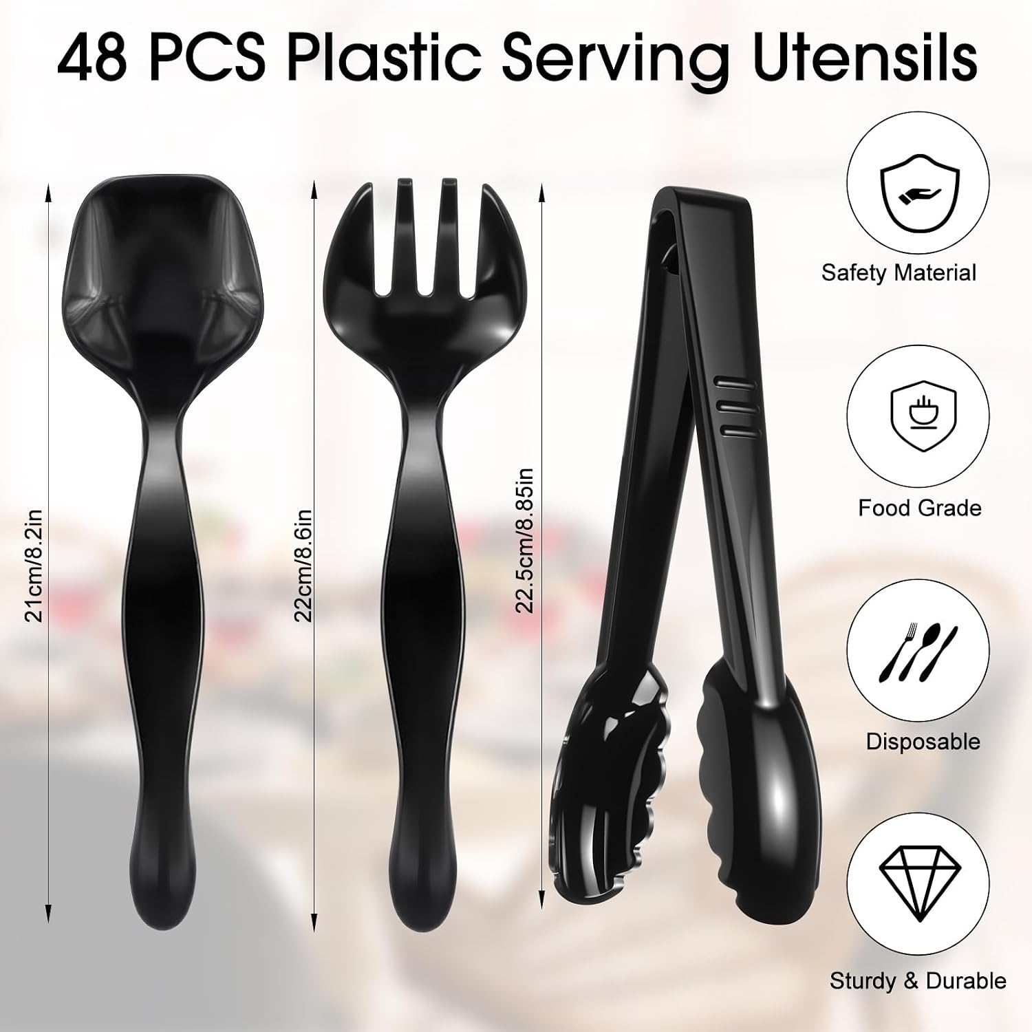 Patelai 48 Pcs Plastic Serving Utensils Disposable Black Serving Spoons Forks Tongs Heavy Duty Party Utensils for Dinner Parties, Buffets, Banquets, Birthday, Weddings and Daily Use