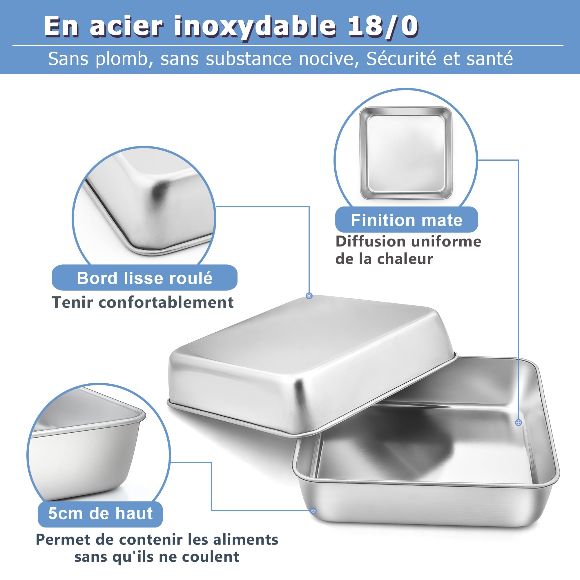 Herogo Lot de 2 moules à gâteau carrés, en acier inoxydable, 21 x 21 x 5 cm, durables, parfaits pour brownie/lasagnes/gâteaux, faciles à nettoyer et passent au lave-vaisselle