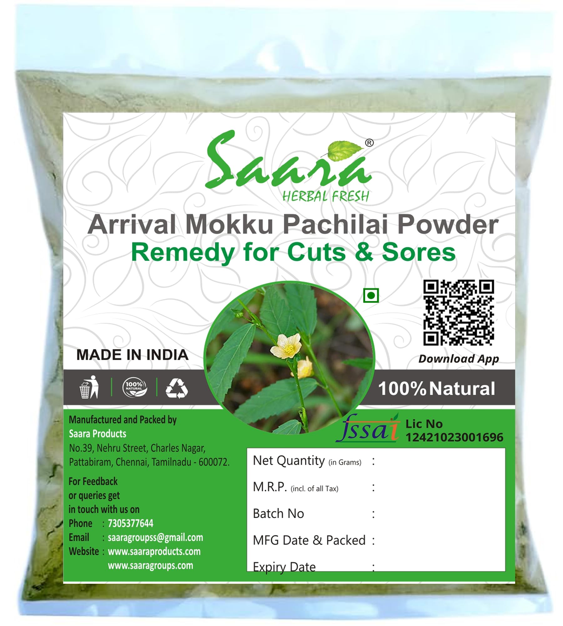 Saara HERBAL FRESH Arrival Mooku Pachilai Powder, Arivalmanai Poondu, Sida acuta, Arival Mookku Pachilai Powder, 700g(Pack of 7 X 100g)