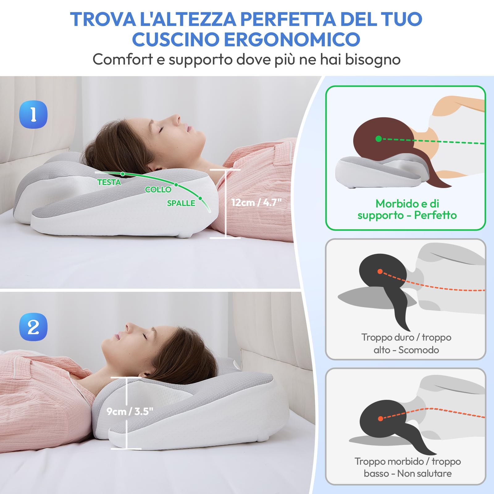 Cuscino Cervicale Memory Foam per Dormire:60 x 40cm Cuscino Ortopedico Cervicale con Federe Rimovibili e Lavabili - Cuscino Ortopedico Ergonomico per Chi Dorme sul Fianco Sulla Schiena e Sullo Stomaco