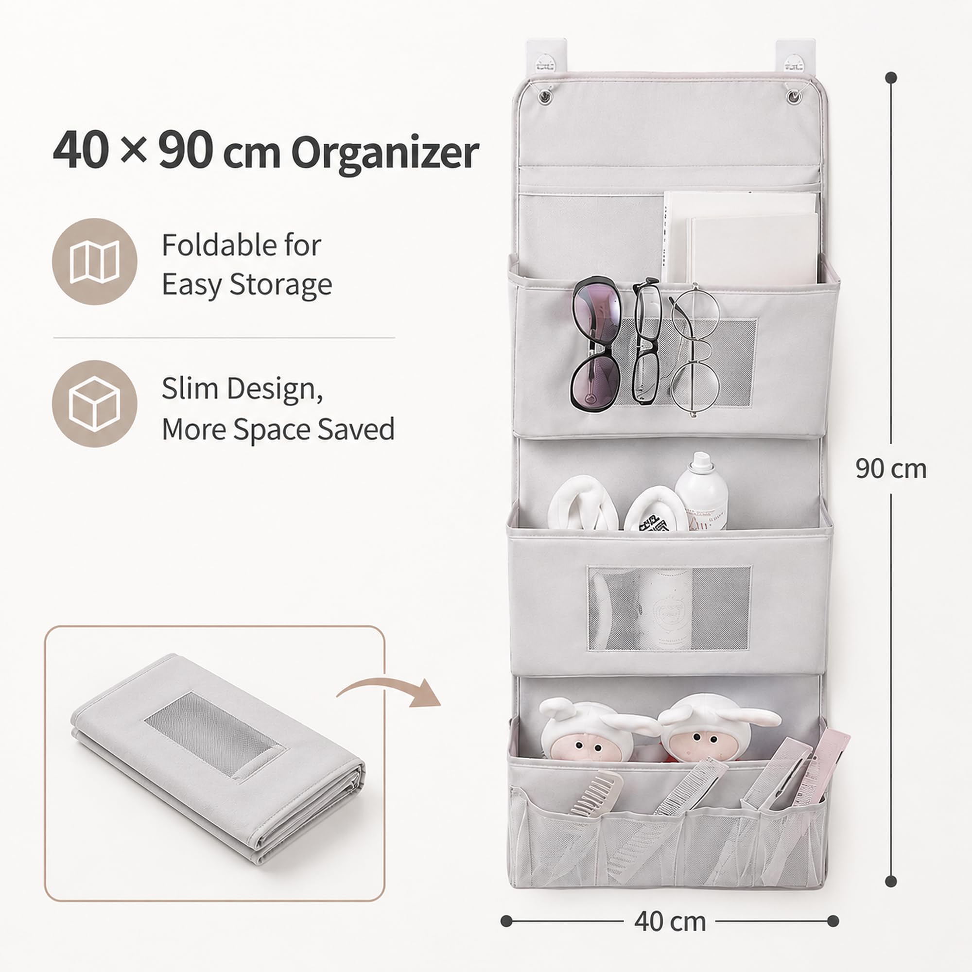 Organizer da appendere a 3 strati, 40 x 90 cm, organizer per porta senza fori, per bagno e guardaroba, organizer da parete pieghevole in tessuto Oxford con 3 tasche, 2 ganci, portaoggetti