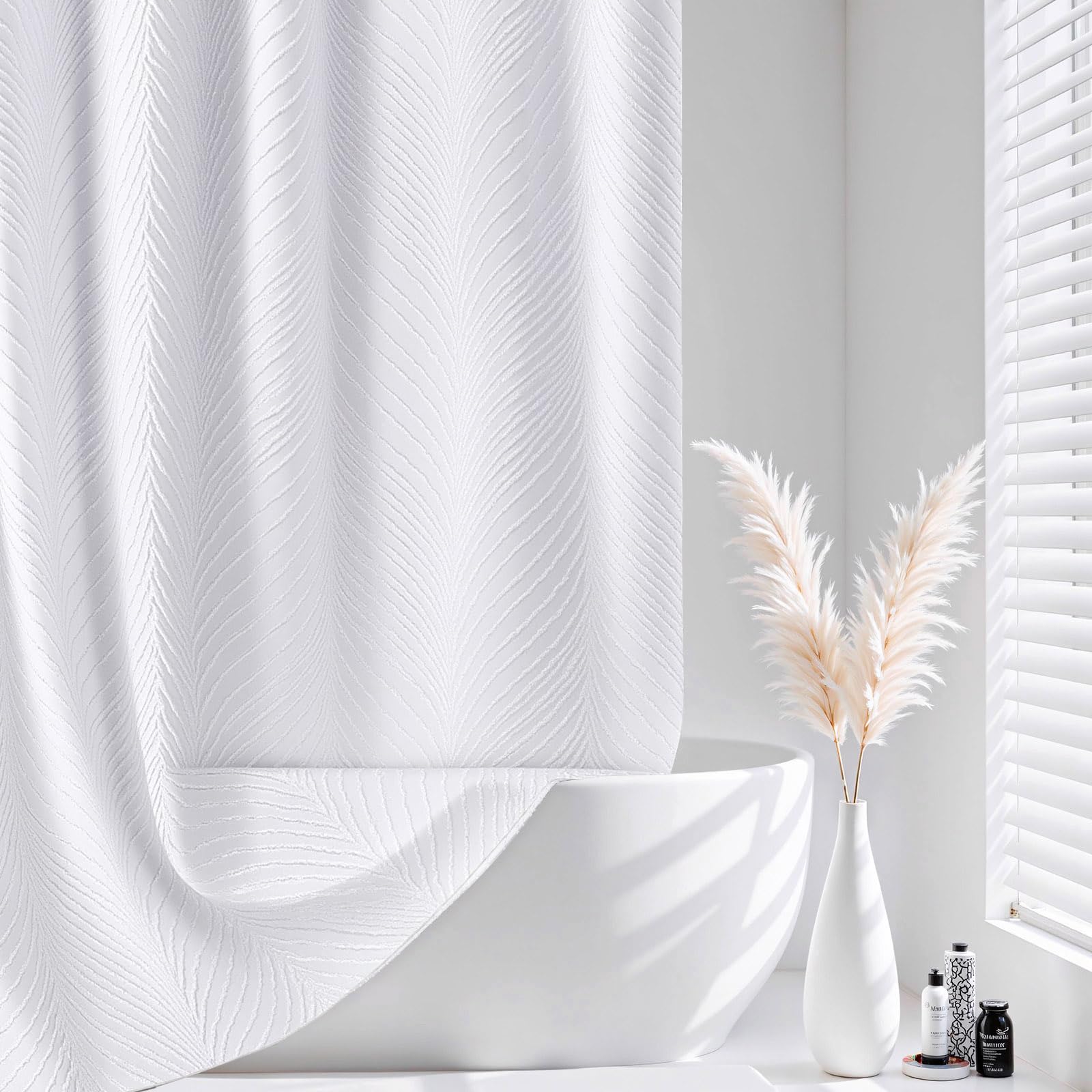 FY&XZH Boho Shower Curtain with 12 Stainless Steel Hooks, Soft Fabric with Tufted Leaf and Striped Texture, Waterproof, Weighted Hem, Shower Curtains for Bathroom, 72x72 Inches, White