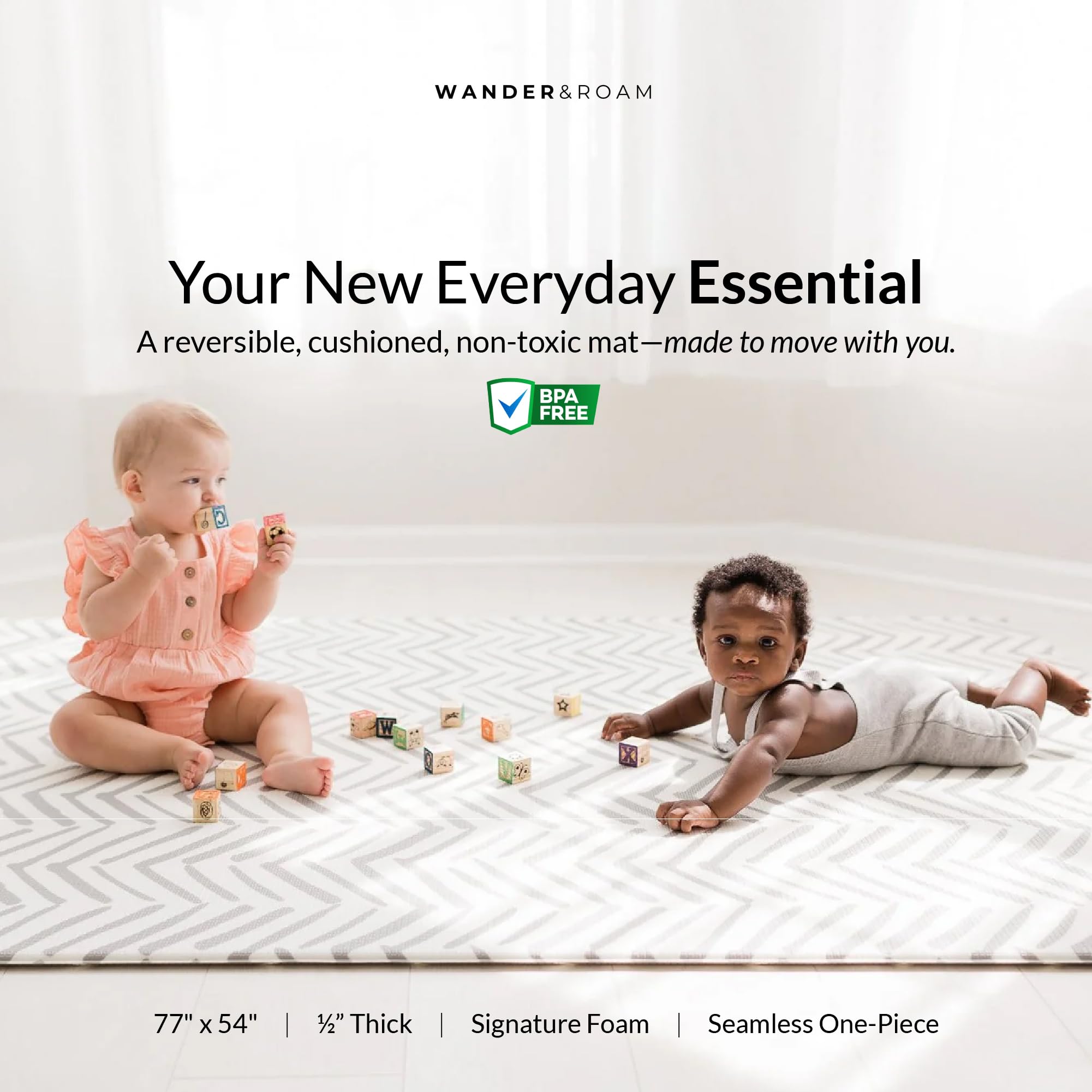 Wander & Roam Premium Reversible Baby Play Mat - Soft Foam Tummy Time Mat for Infant, Toddler & Parent - Neutral Dash + Diamond Design - Water resistant, Easy to Clean, Non-Toxic - Sea Salt Grey