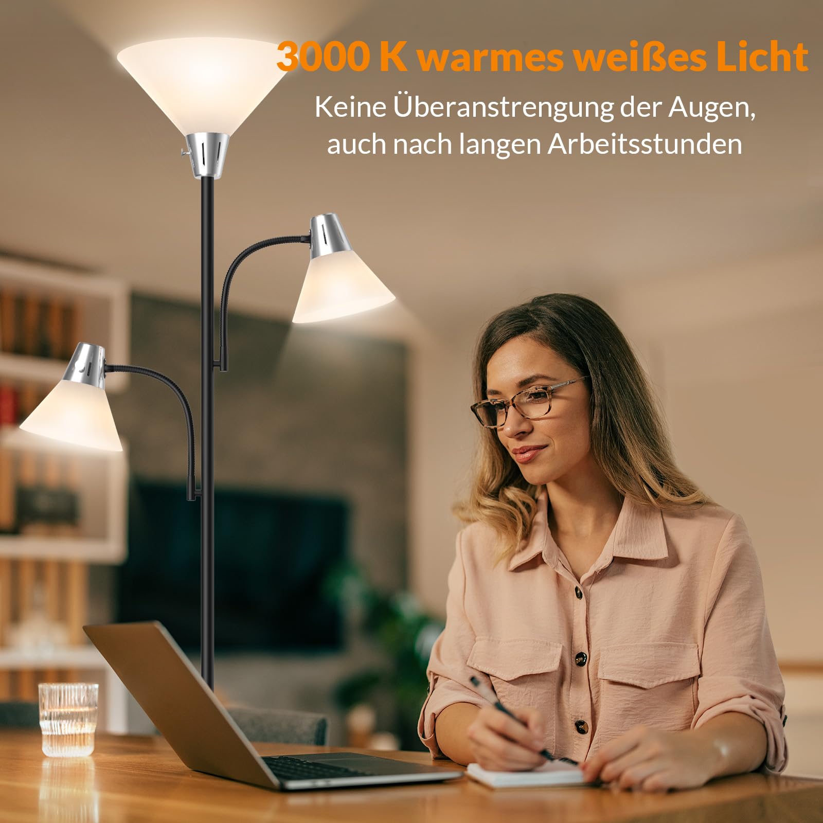 LEPOWER Stehlampe Dimmbar, 9W LED Stehlampe mit 5W Leseleuchte Einstellbar | Moderne, Helle Stehlampe mit Austauschbaren 3000K Energiespar LED, Stehlampe für Wohnzimmer, Schlafzimmer, Büro, Schwarz