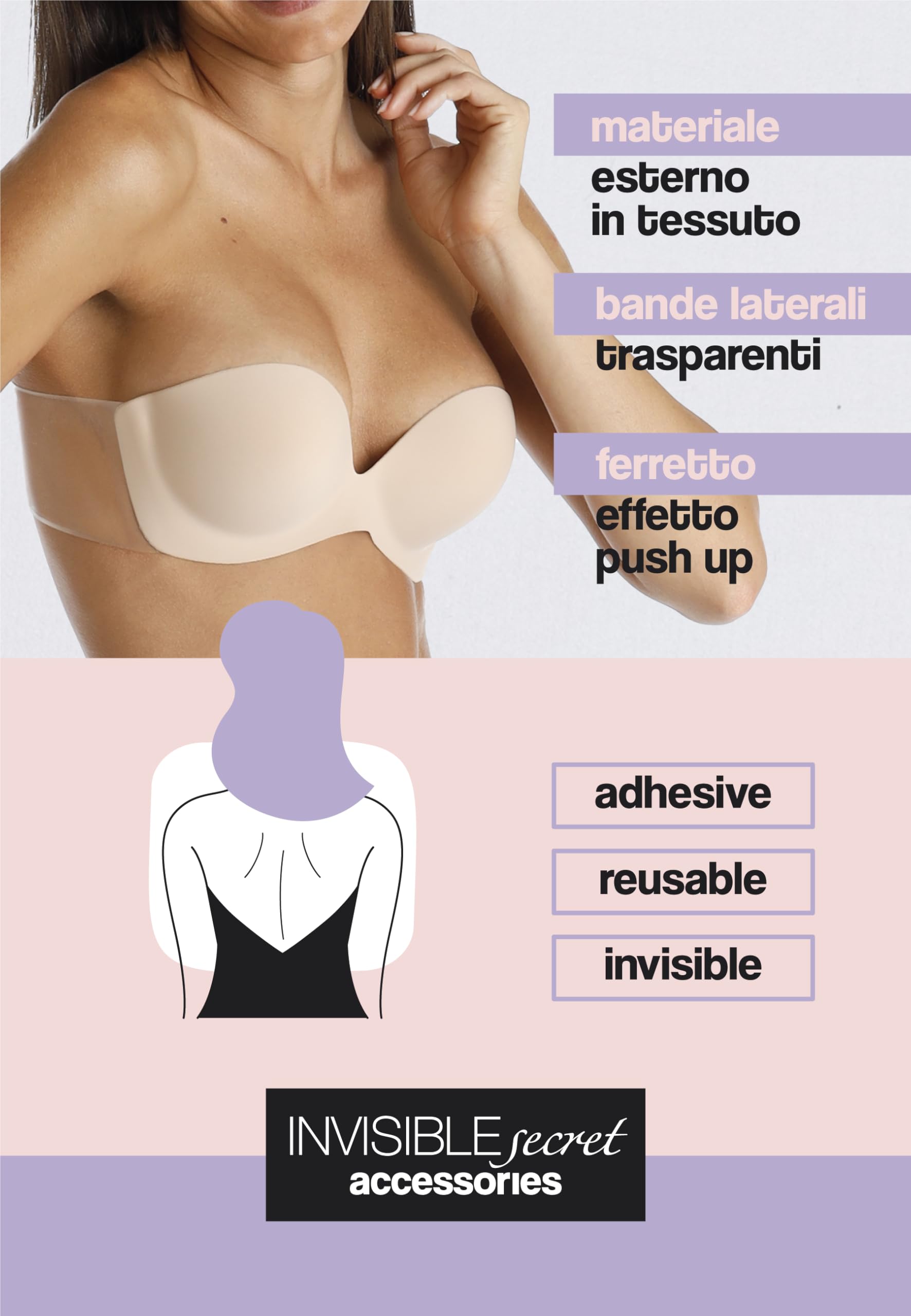 Lovable Reggiseno Fascia Autoreggente, Push-up, Coppe Adesive e Lati Trasparenti, Sostegno Invisibile, Senza Spalline, Invisible Secret Donna