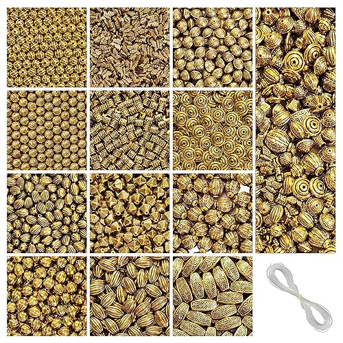 Image of 340 Pcs Golden Antique DIY Beads for Jewellery Making Kit, Beads for Bracelet Making Kit, Beading, Beadwork, Crafting, Embroidery, Bead Craft, Pearls for Craft - Acrylic, 280g, 12 Designs
