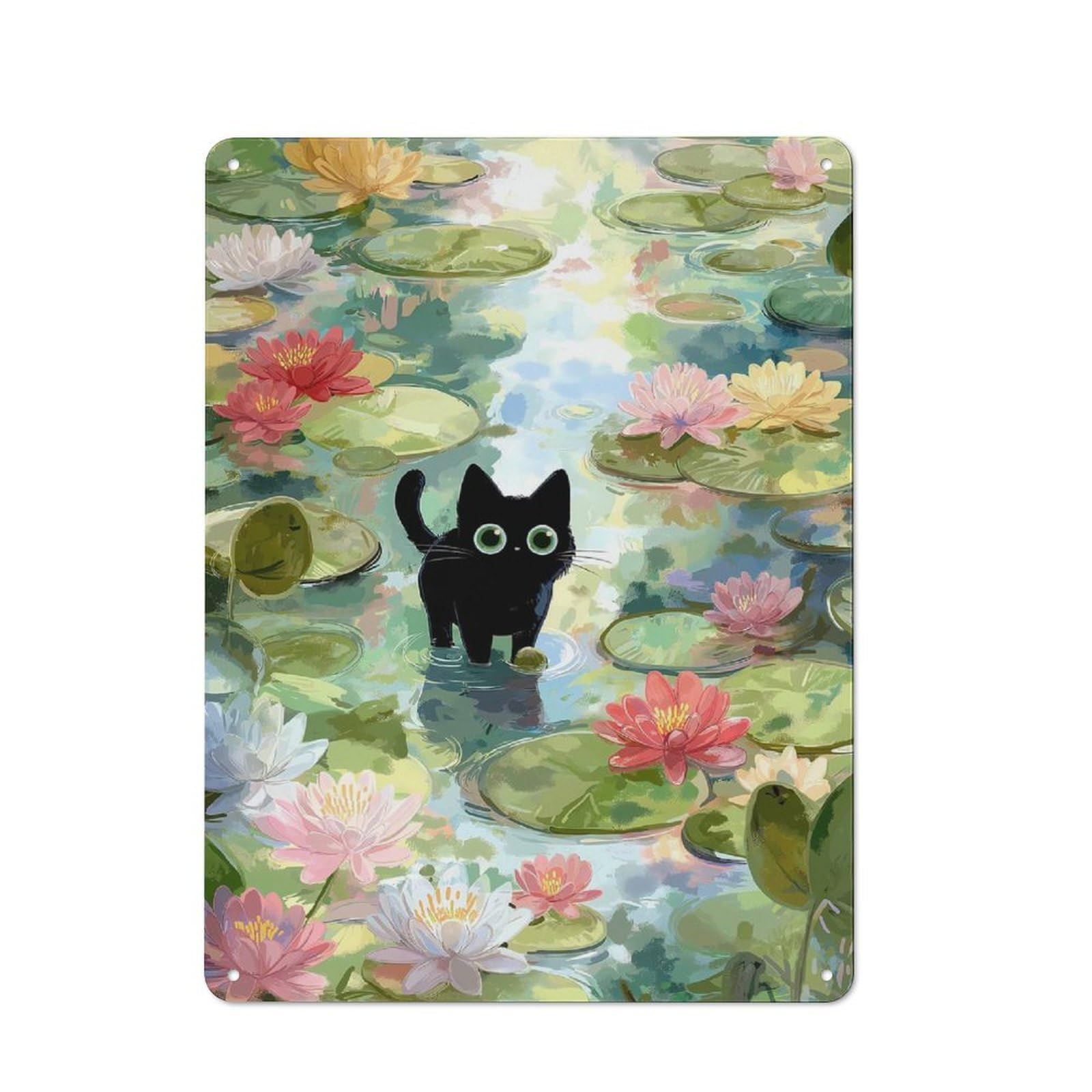 Junmoney Black Cat In Lily Pond Vintage Metal Sign 40X30cm For Dining Room Or Kitchen, Suited To Home Decor Collectors