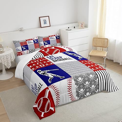 Miniatura 4 de Erosebridal Juego de edredón de béisbol para niños, juego de ropa de cama de béisbol para niños, jóvenes, negro, azul, rojo, retazos, geométrico, a