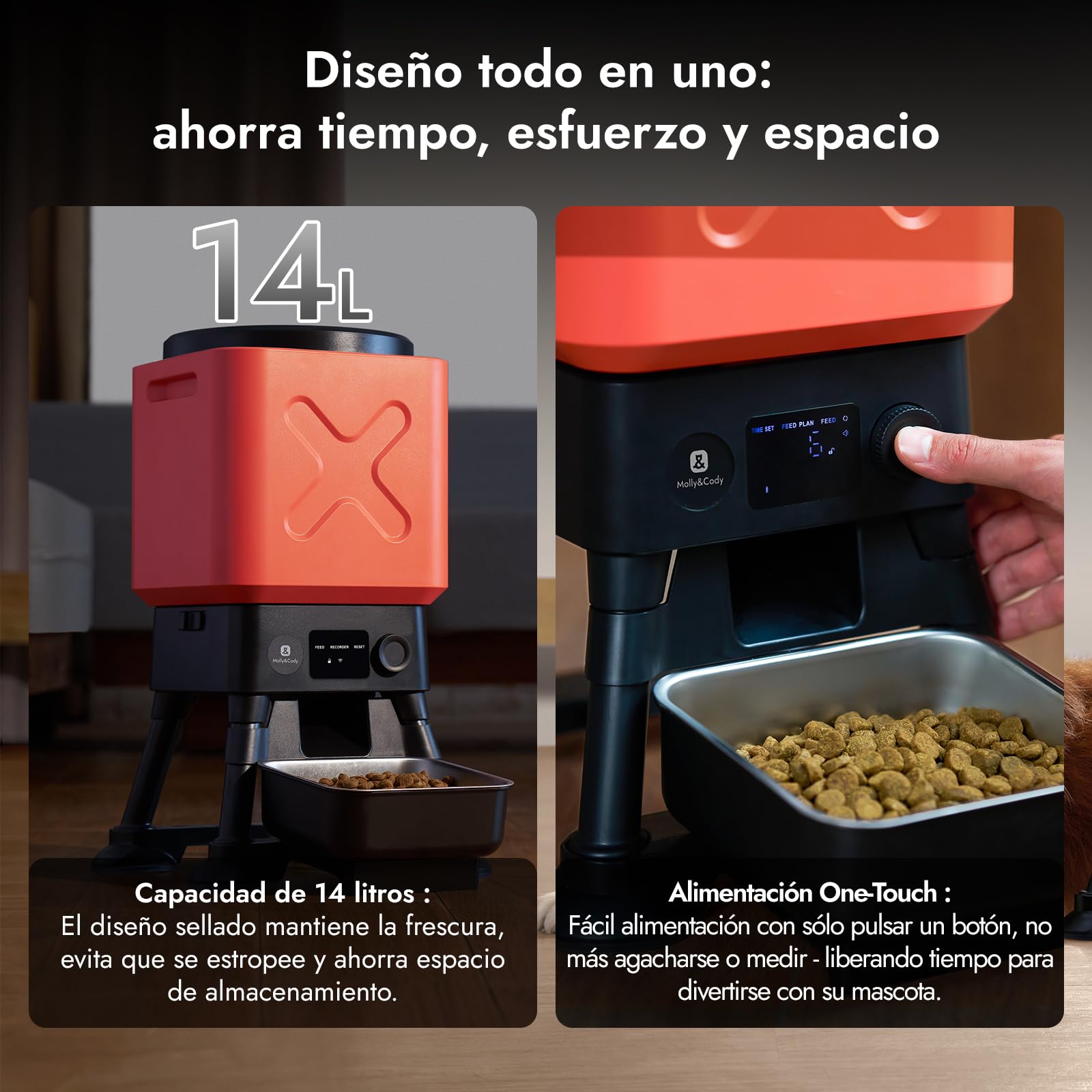 Molly&Cody Comedero Automático para Mascotas, 14 litros de Capacidad, Apto para Perros Grandes, Volumen de Alimentación Ajustable, Fácil Manejo, con Bol de Acero Inoxidable